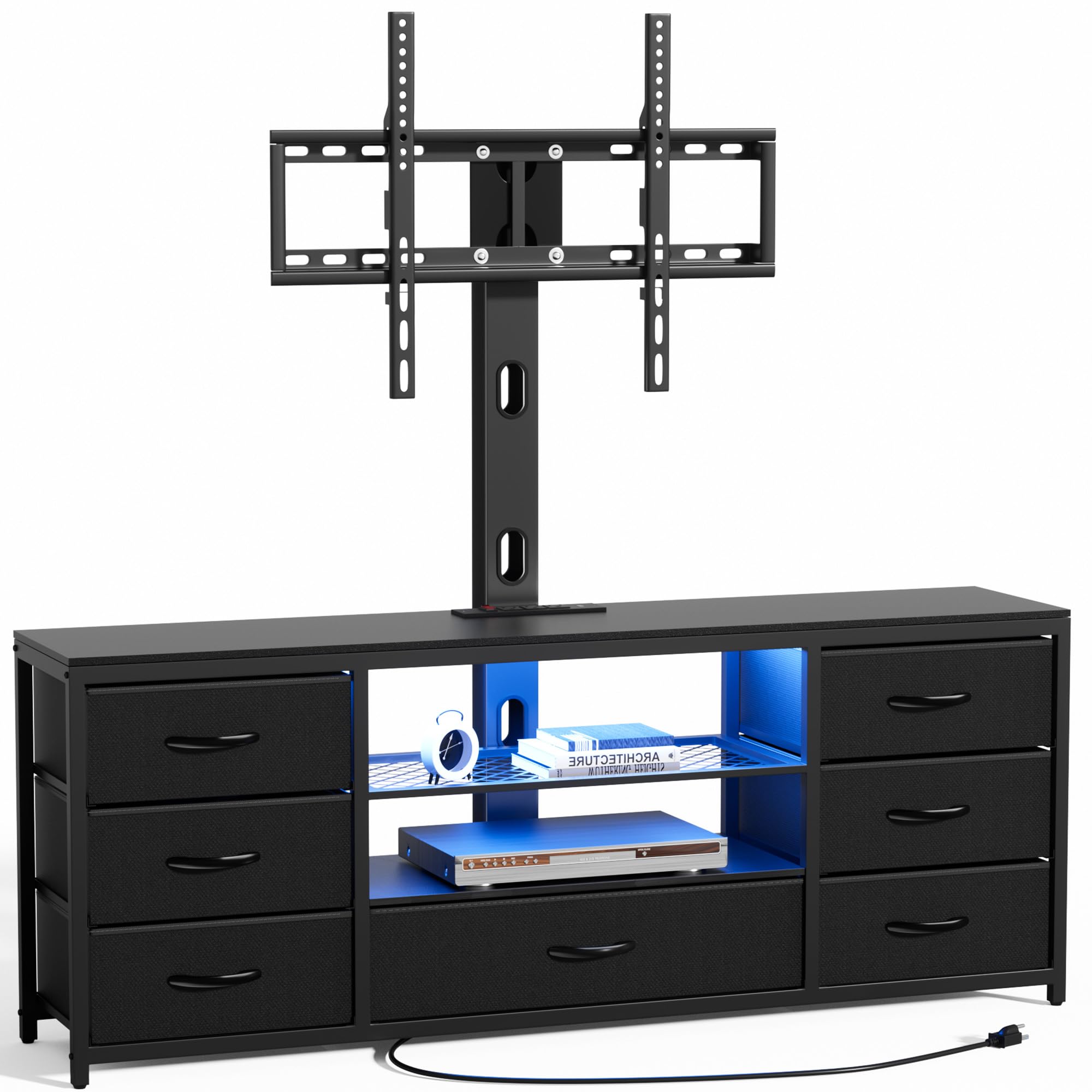TV Stand with Mount & 7 Fabric Drawers - LED Entertainment Center with Power Outlets for 32-70 Inch TVs - Black Media Console with Open Shelves - Perfect for Living Room & Bedroom - Ideal for Gaming, Movie Nights & Home Entertainment