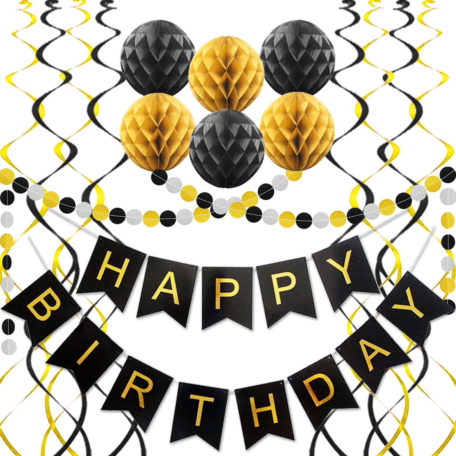 Black & Gold Birthday Decorations Set - Happy Birthday Banner, Paper Pom Poms, Circle Garland & Hanging Swirls for Party Decor | Perfect for Adult Birthdays, Anniversary Celebrations & Elegant Themed Parties