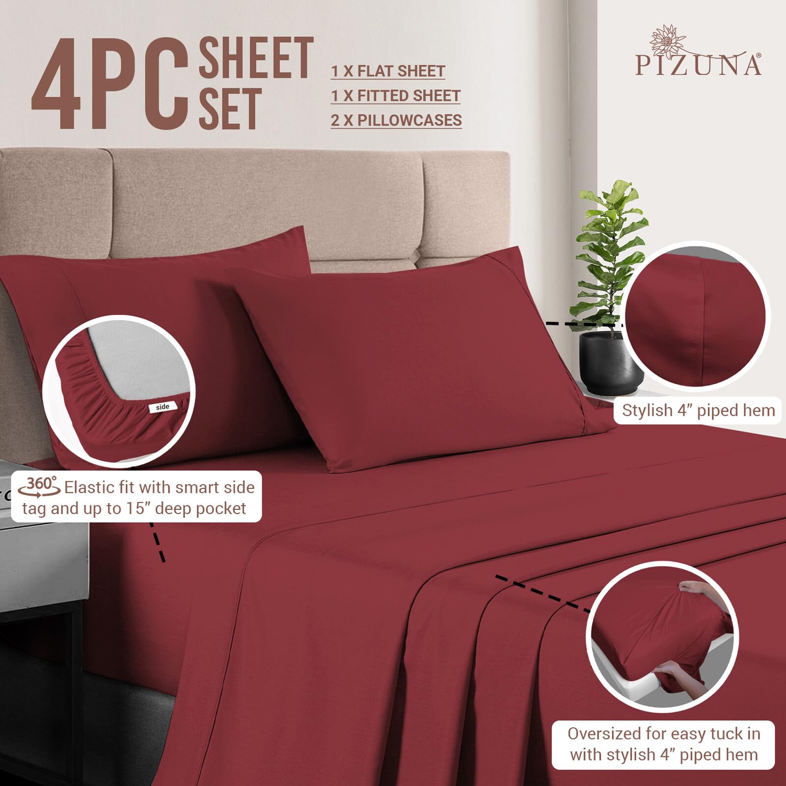 Pizuna Pure 100% Cotton King Size Sheets - 400 Thread Count Long Staple Cotton Sateen Bedding Set with 15