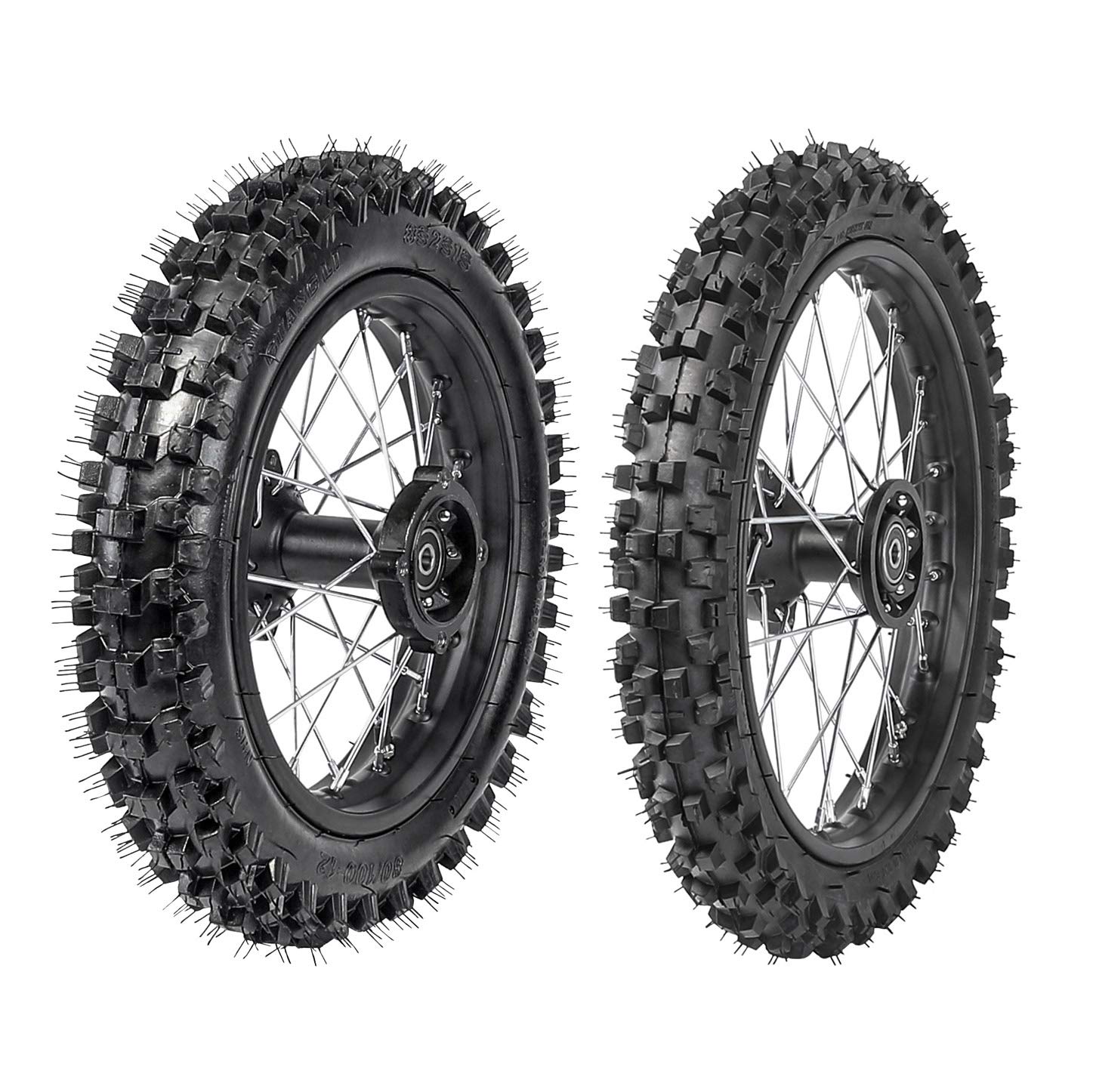 60/100-14 Front & 80/100-12 Rear Disc Brake Wheel Tires with 12mm Bearing for Pit Dirt Bike - Perfect for Off-Road Racing, Trail Riding and Motocross
