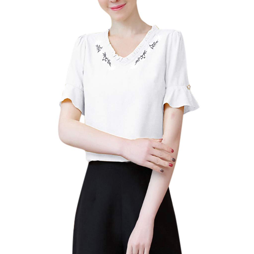 Women's V-Neck Short Sleeve Casual Blouse with Embroidery - Stretchy Spandex T-Shirt for Summer | Perfect for Office, Date Night & Weekend Outings