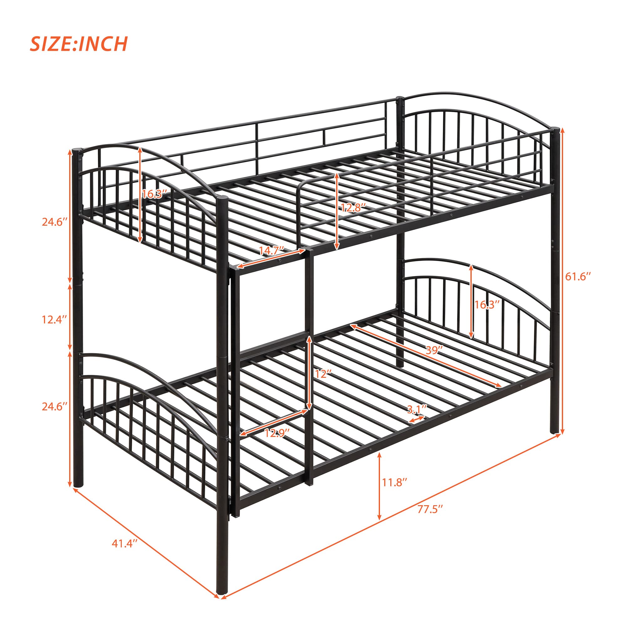 Polibi Twin-Over-Twin Metal Bunk Bed - Heavy Duty Steel Frame with Safety Guardrails & Ladder - Converts to 2 Separate Twin Beds (Black) - Perfect for Kids Rooms, Dormitories & Space-Saving Bedroom Solutions