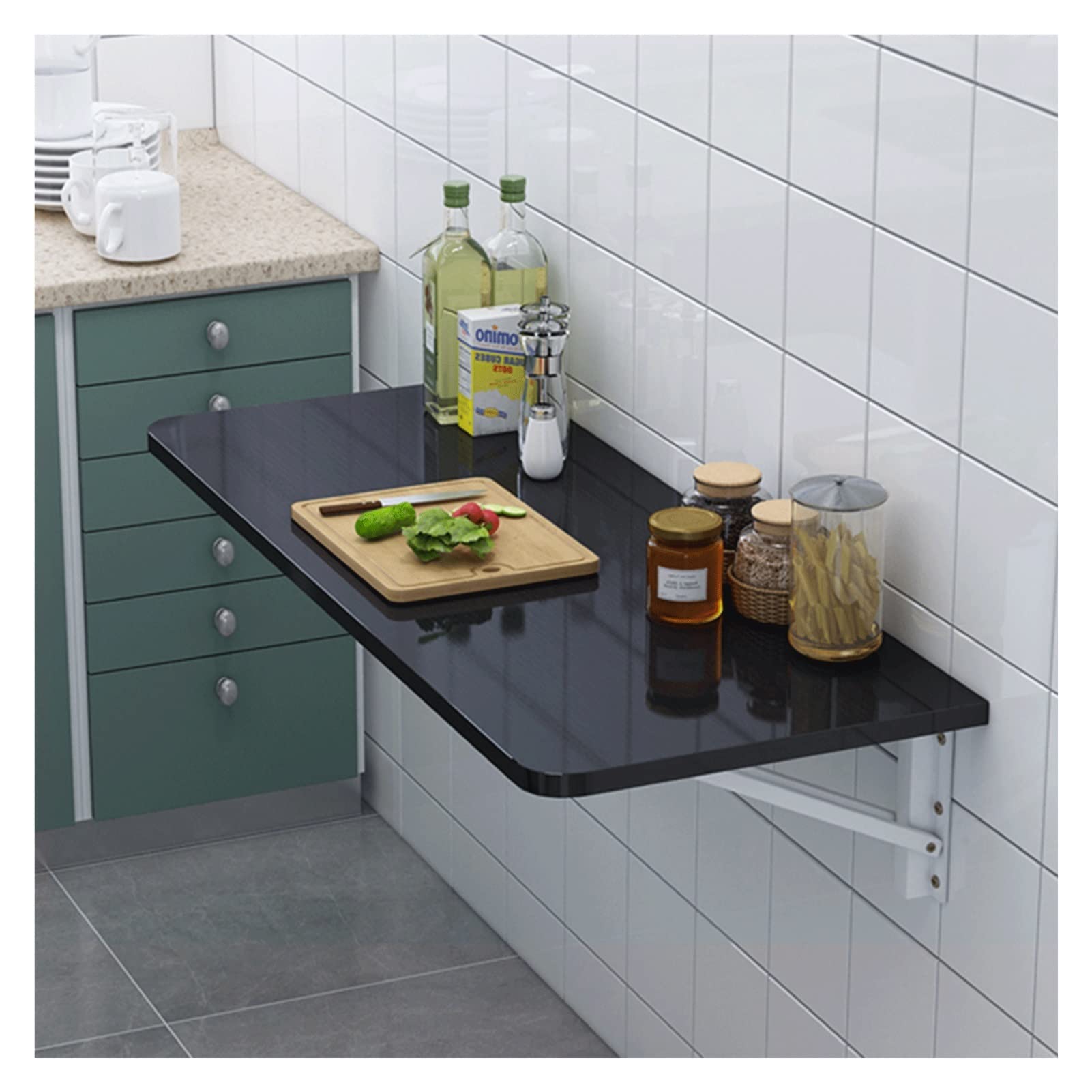Space Saving Folding Wall Mounted Drop Leaf Table - 40x60cm Black Wooden Floating Desk for Kitchen, Dining & Home Office - Perfect for Small Apartments, Studio Living & Compact Spaces