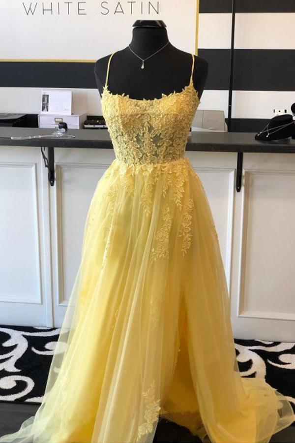 Elegant A-Line Spaghetti Strap Yellow Split Long Prom Dress with Lace Appliques - Formal Evening Gown for Homecoming, Wedding, and Special Occasions