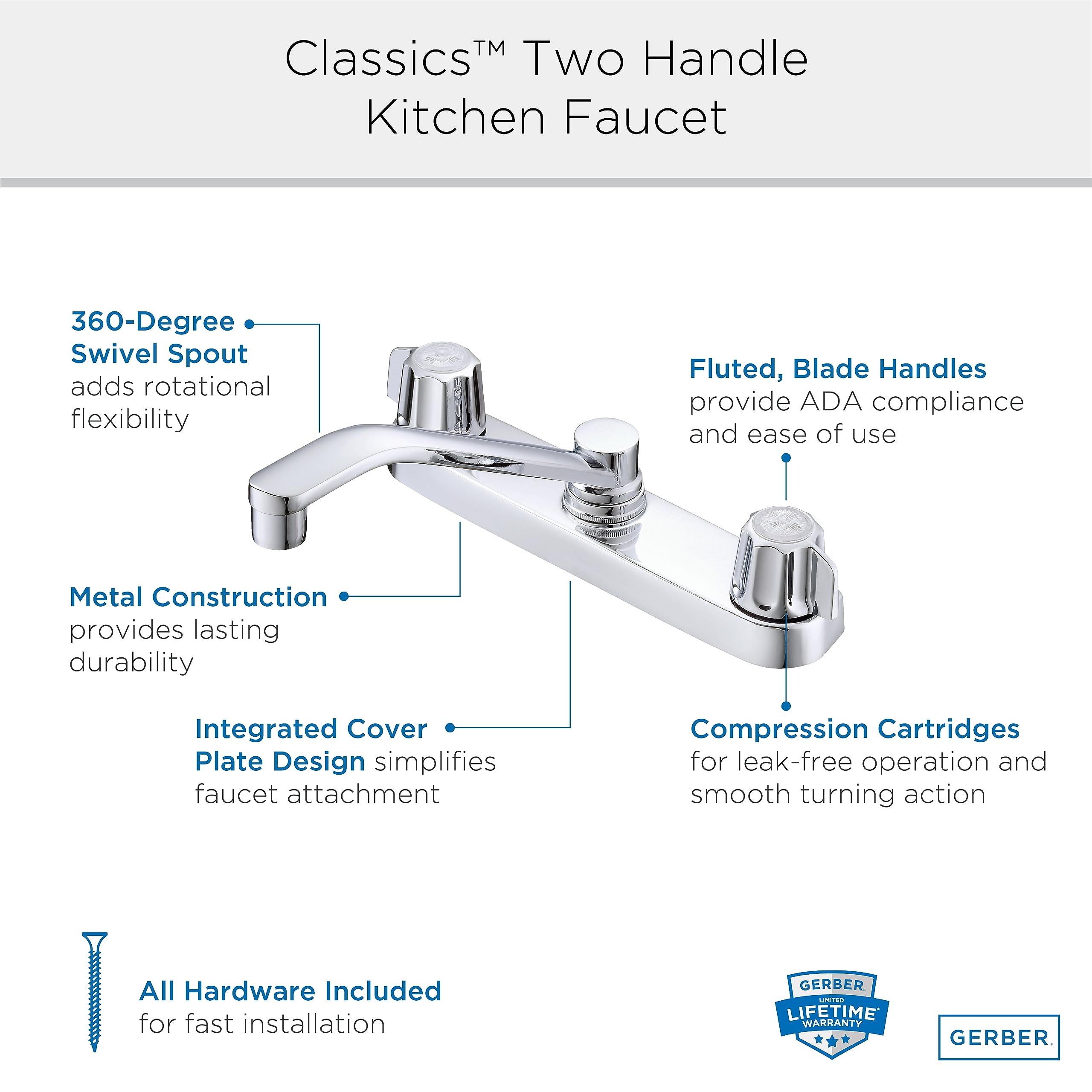 Gerber Classics Two Handle Kitchen Faucet 3-Hole Deck Mount Faucet with Metal Fluted Handles, Chrome Finish G074206 - Dual Handle Utility Sink Faucet for Home Kitchen, RV, Laundry Room & Commercial Use
