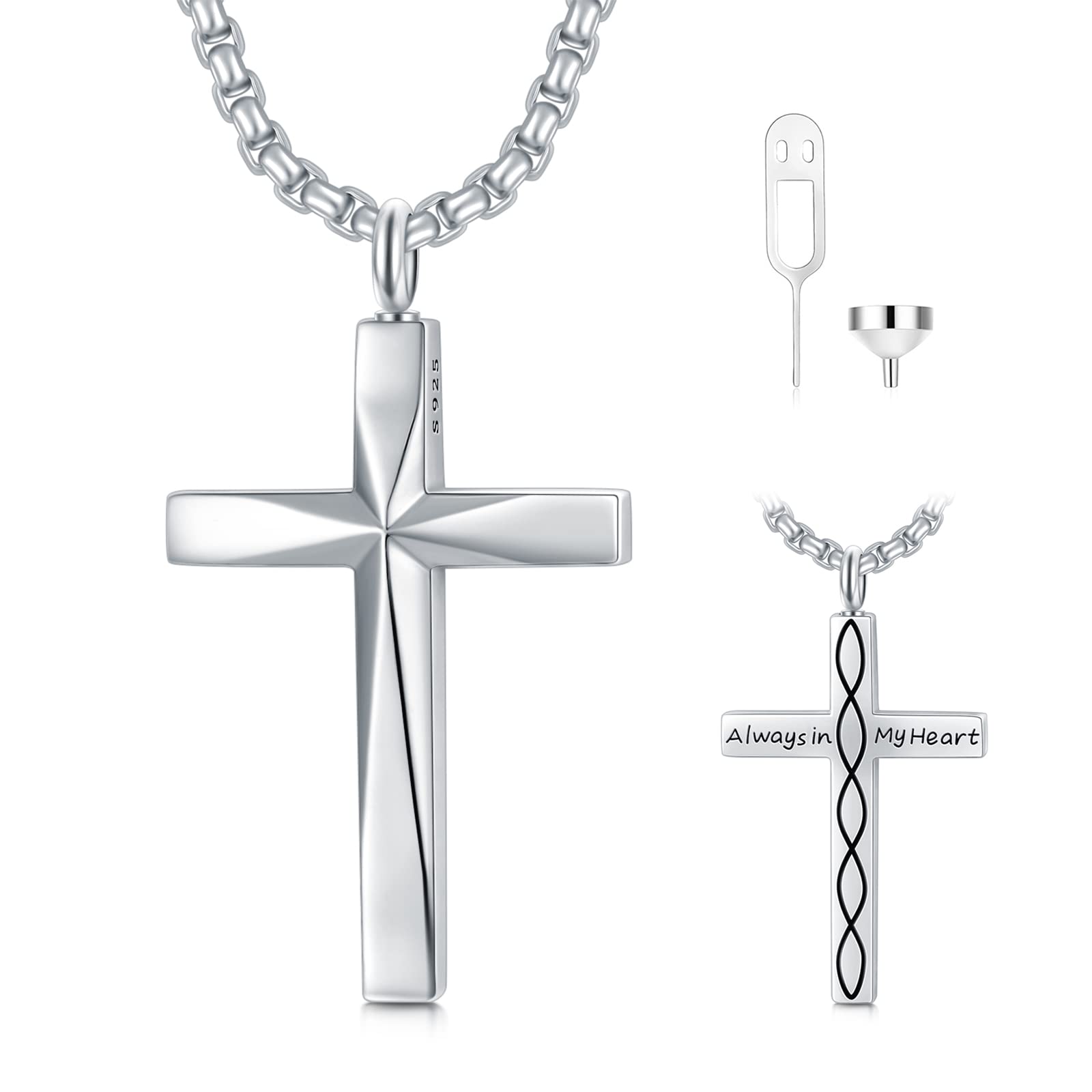 Sterling Silver Cross Urn Necklace for Men & Women - Cremation Memorial Pendant with 20