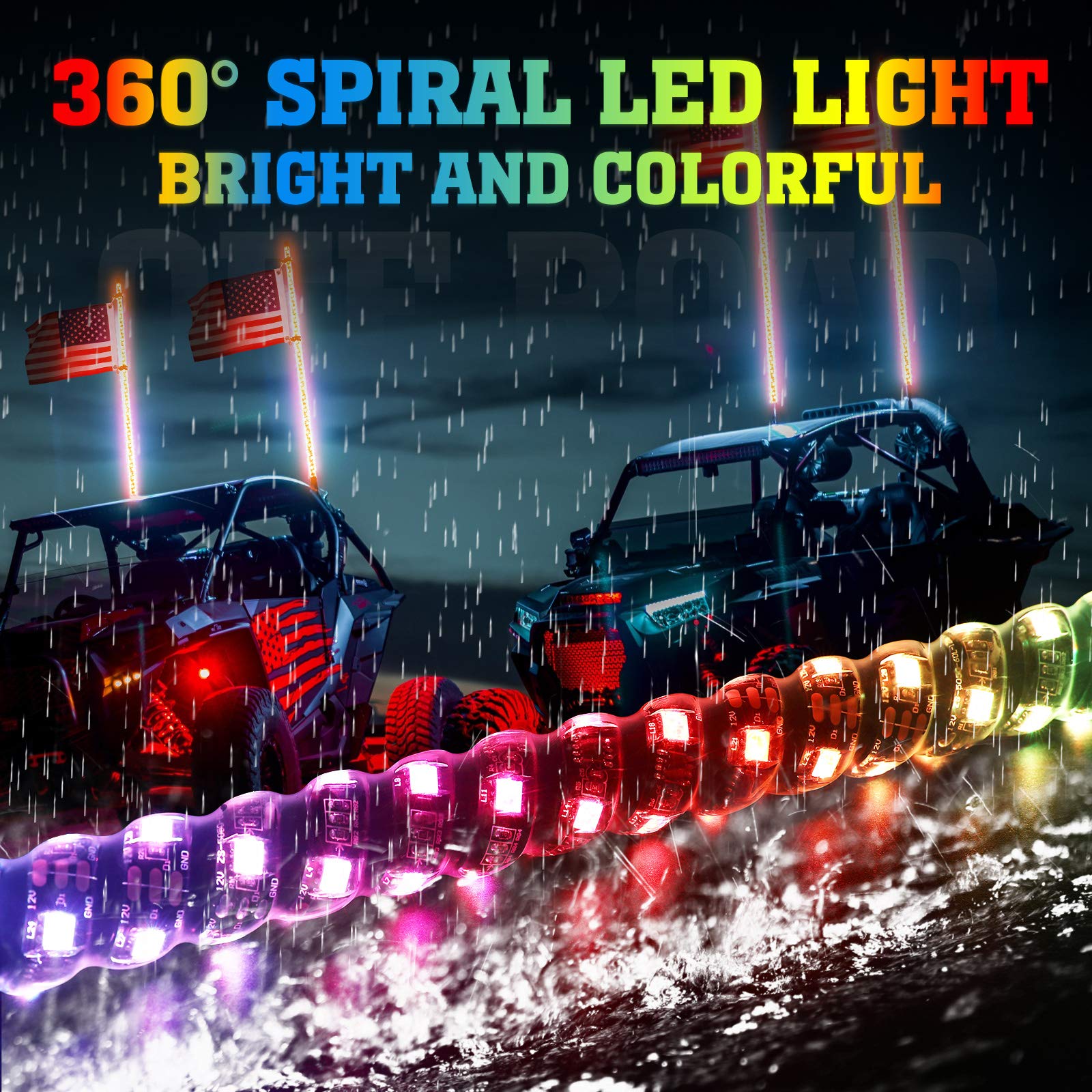 KEMIMOTO 2pc 3ft Spiral Whip Lights for UTV ATV - LED Offroad Whip Lights with RF Remote Control for Polaris RZR, Can-Am Maverick X3, Sportsman - Perfect for Night Riding, Offroad Adventures & Boat Parties