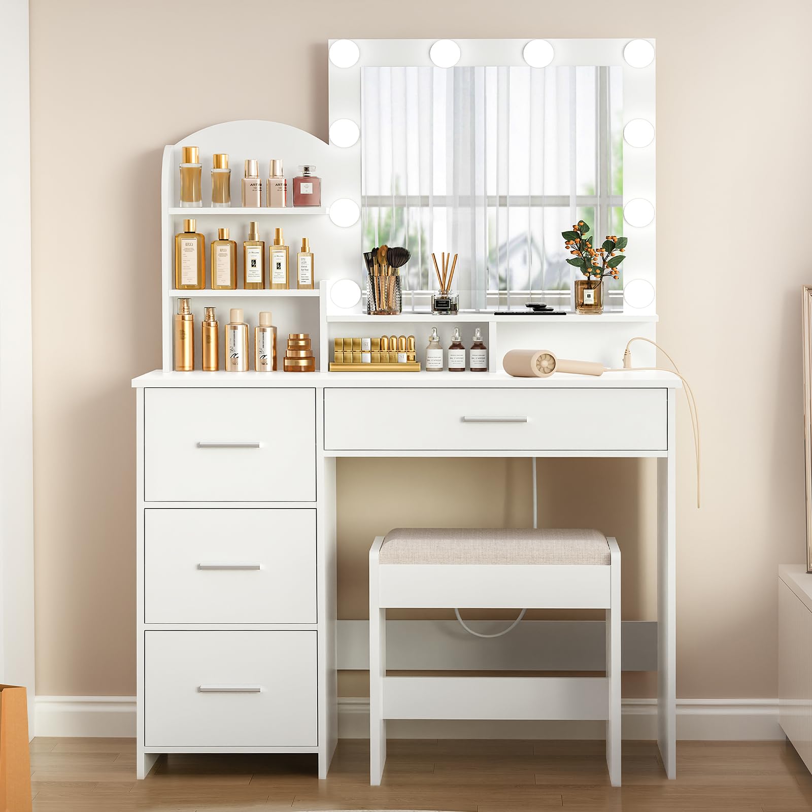 Quimoo 10-Light Makeup Vanity Desk with LED Mirror, 4 Drawers & USB Charging Station - White Vanity Set with Cushioned Stool for Bedroom, Dressing Room & Beauty Salon