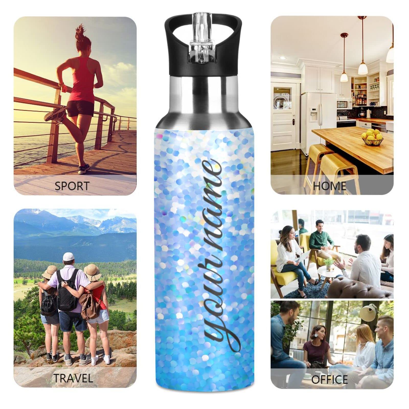 **Personalized 20 oz Stainless Steel Water Bottle with Straw Lid - Custom Name & Glitter Design - Double Wall Insulated for School, Sports, Gym & Outdoor Activities**