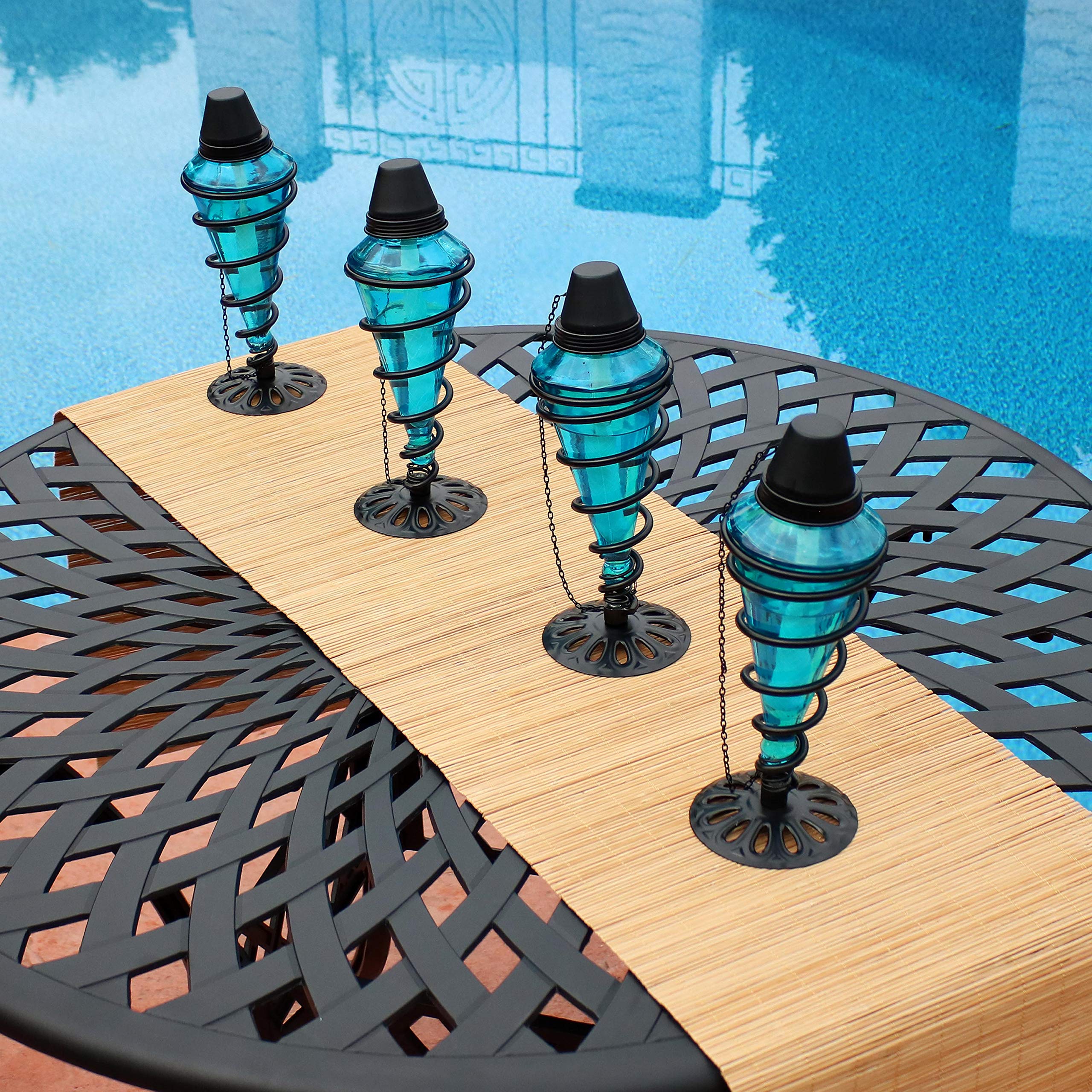 Sunnydaze Decorative Outdoor Torches - Set of 4 Blue Swirling Metal & Glass Tabletop Torches for Patio, Garden, Lawn, Backyard, Poolside Lighting and Ambiance