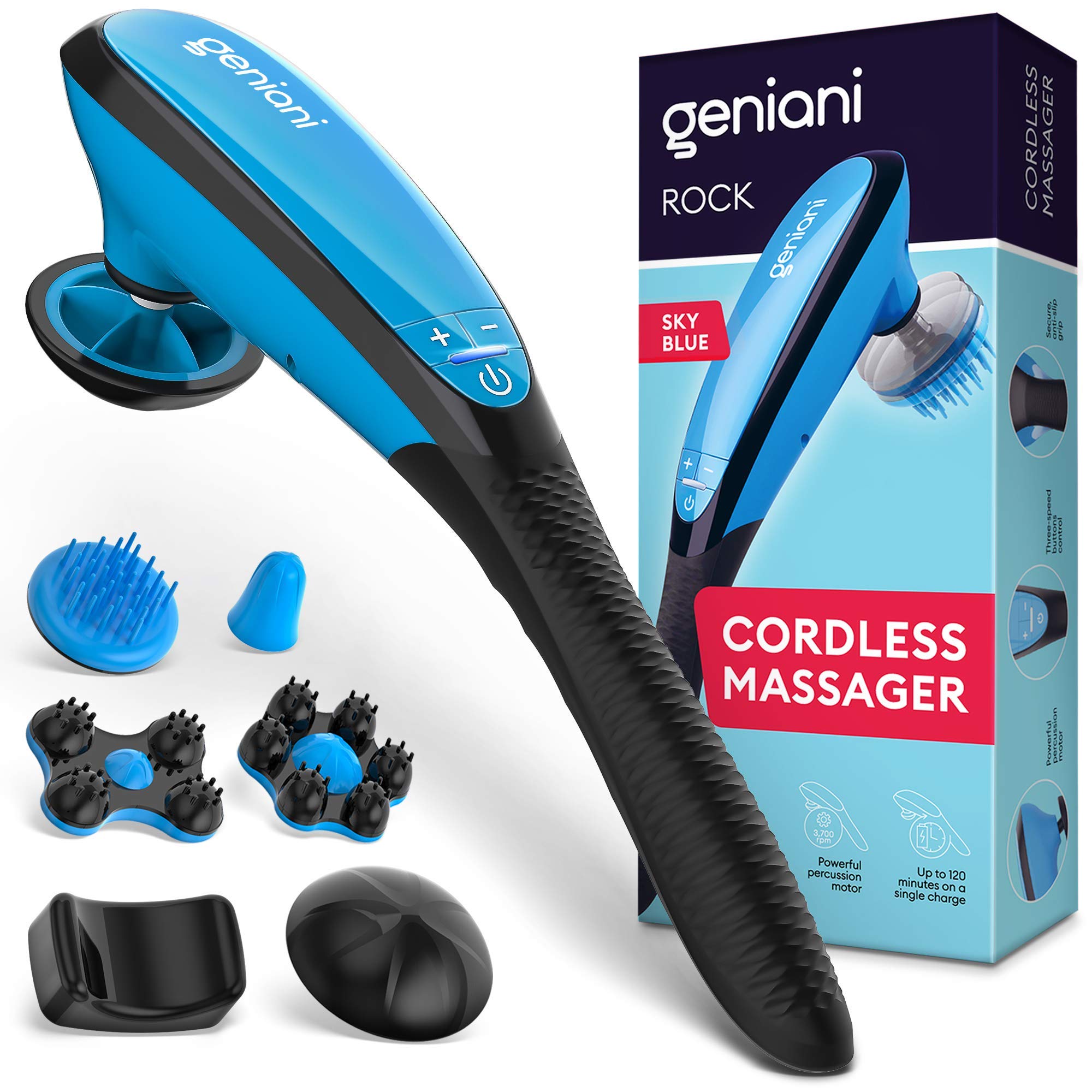 GENIANI Cordless Electric Deep Tissue Massager for Back, Neck, Shoulders, Legs & Feet - Handheld Percussion Massage Therapy Device for Muscle Pain Relief - Perfect for Athletes, Office Workers & Home Use (Blue)