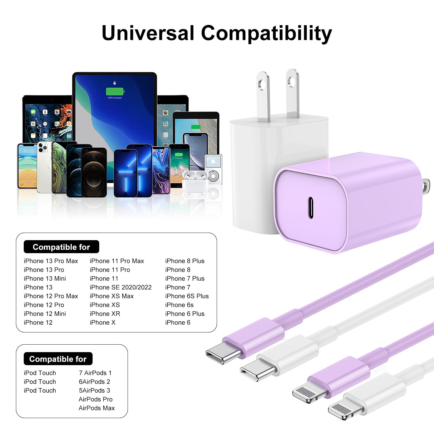 Fast Charging USB C to Lightning Cable for iPhone 14/13/12 Pro Max - 6FT & 10FT Long Apple Charger Cord with 20W USB C Power Adapter - White & Purple - Perfect for Home, Office, Travel and Car Charging