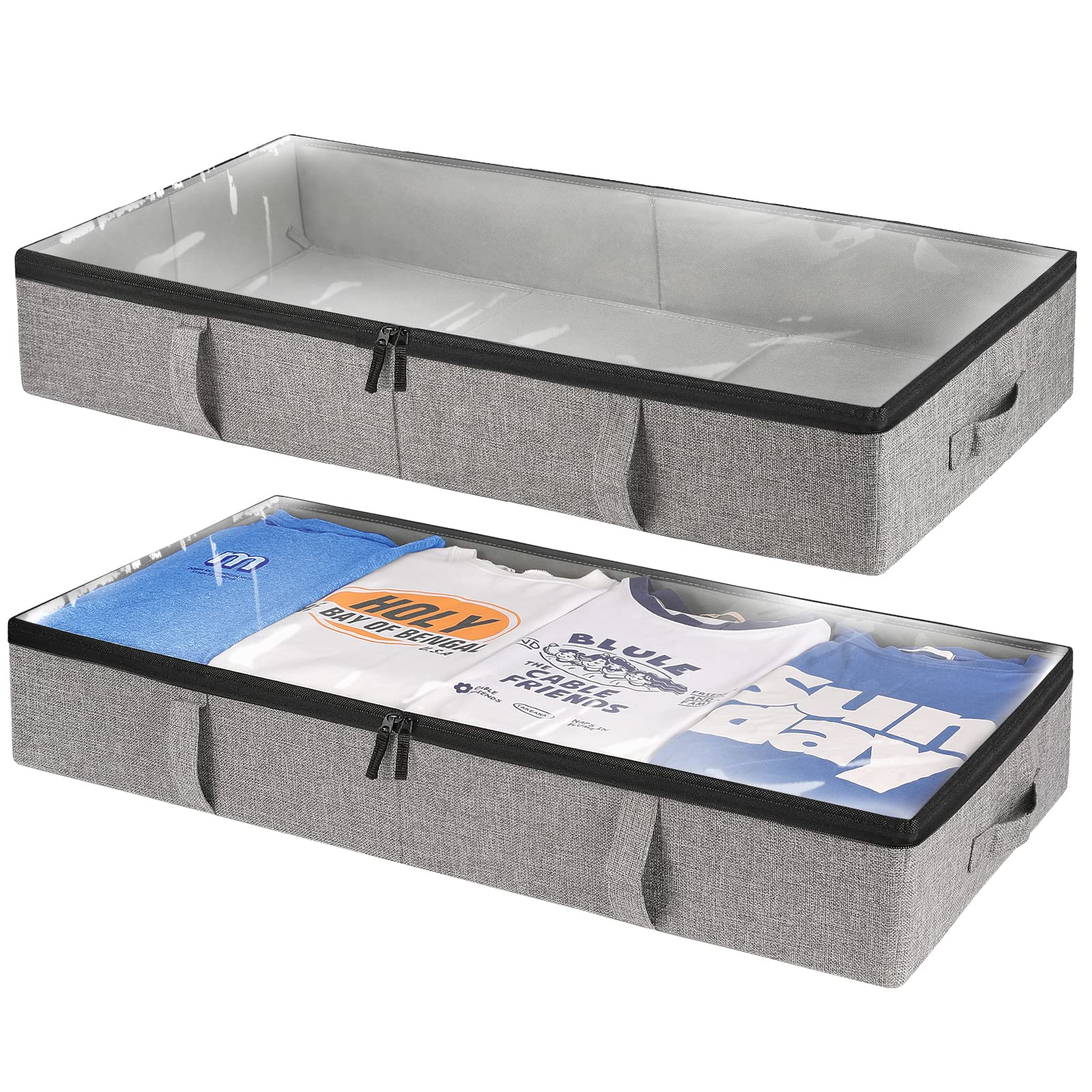 Vailando Under Bed Storage Containers - 6 Inch Tall Underbed Storage Bins with Firm Sides & Strong Zipper - 3 Reinforced Handles for Clothes, Blankets, Bedding - Space-Saving Grey Storage Bags (2 Pack) - Perfect for Dorm Rooms, Small Apartments & Seasonal Clothing Organization