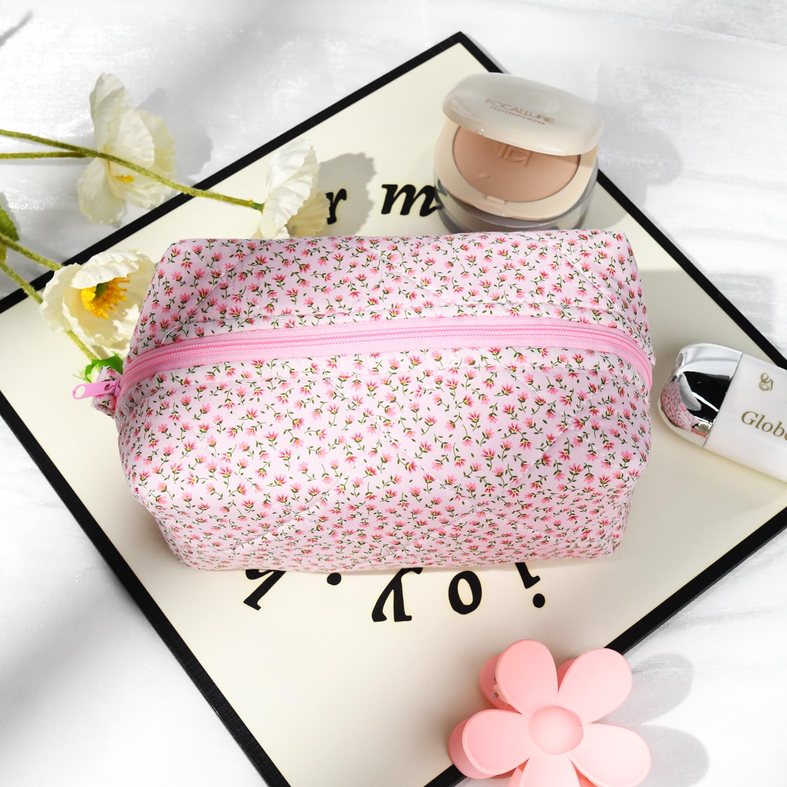 Floral Quilted Makeup Bag - Puffy Coquette Cosmetic Pouch for Women | Cute Pink Travel Toiletry Organizer | Cotton Makeup Brushes Storage Bag | Perfect for Travel, Gifts & Daily Beauty Essentials
