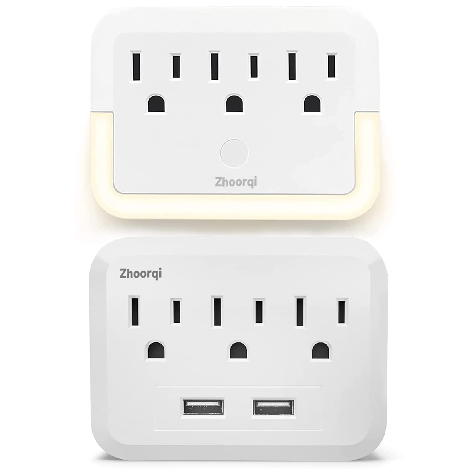 ZHOORQI USB Outlet Plug Extender - Dual USB Wall Charger with Night Light, 3 Outlet Splitter for iPhone, Android Phones & Tablets | Perfect for Travel, Home, Dorm Room & Office Use | Compact Multi-Port Power Strip Adapter