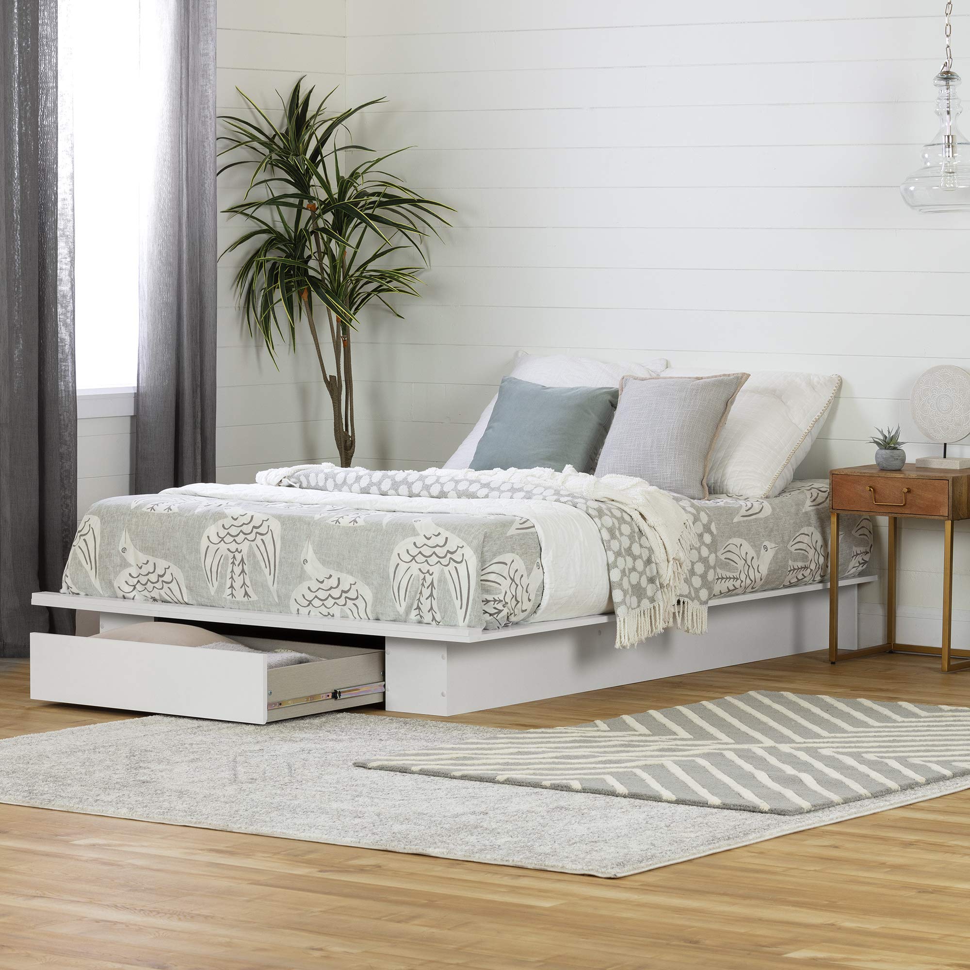 South Shore SOUCS Holland Platform Bed with Drawer - Full/Queen Size, Pure White Finish - Modern Bedroom Furniture for Small Spaces & Guest Rooms