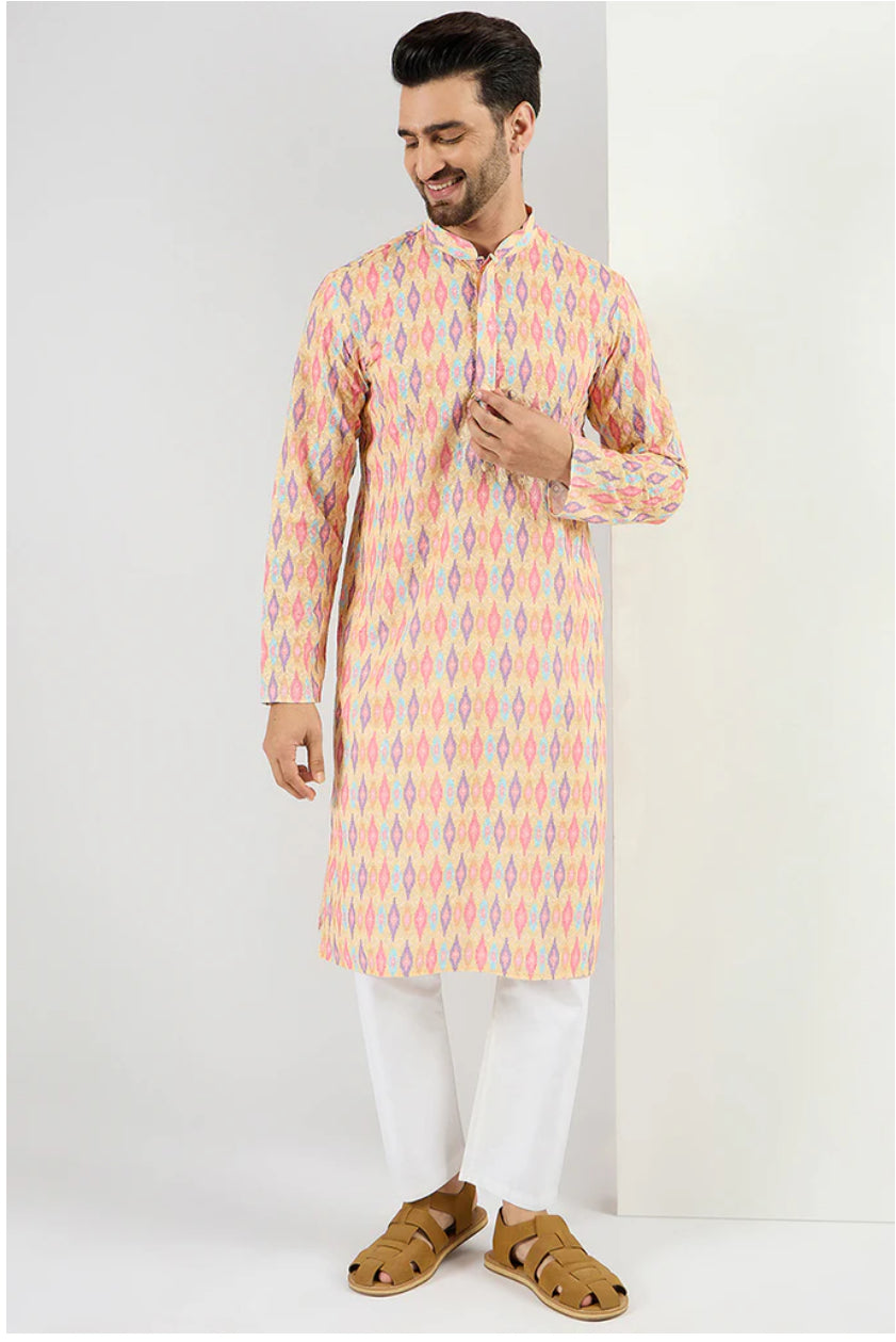 Men's Yellow Abstract Embroidered Chikankari Straight Kurta - Traditional Indian Tunic for Casual Wear & Festive Occasions