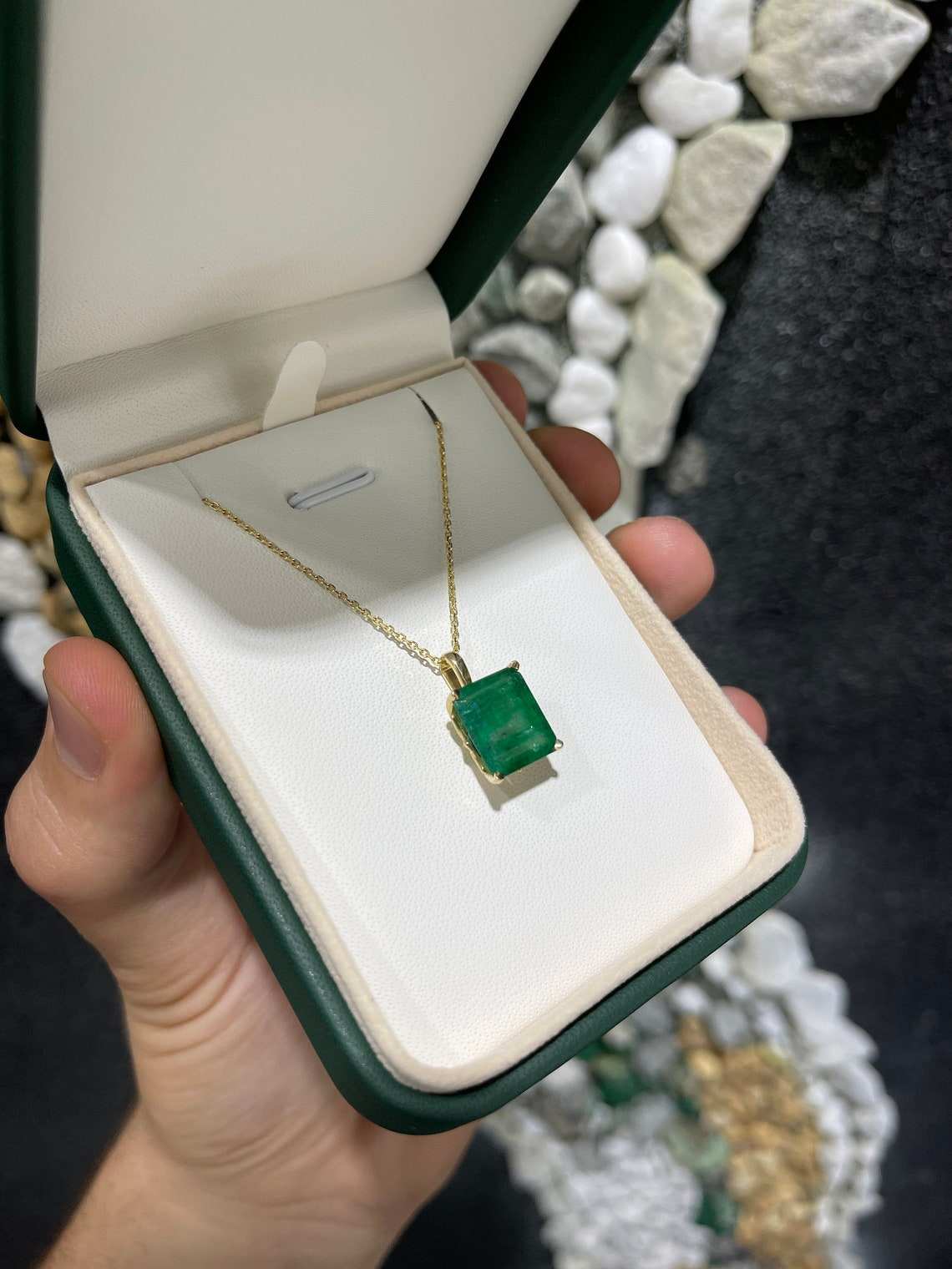 7.43 Carat Natural Large Dark Green Emerald Solitaire Floral Pendant in 14K Gold - Elegant Statement Jewelry for Weddings, Parties & Special Occasions
