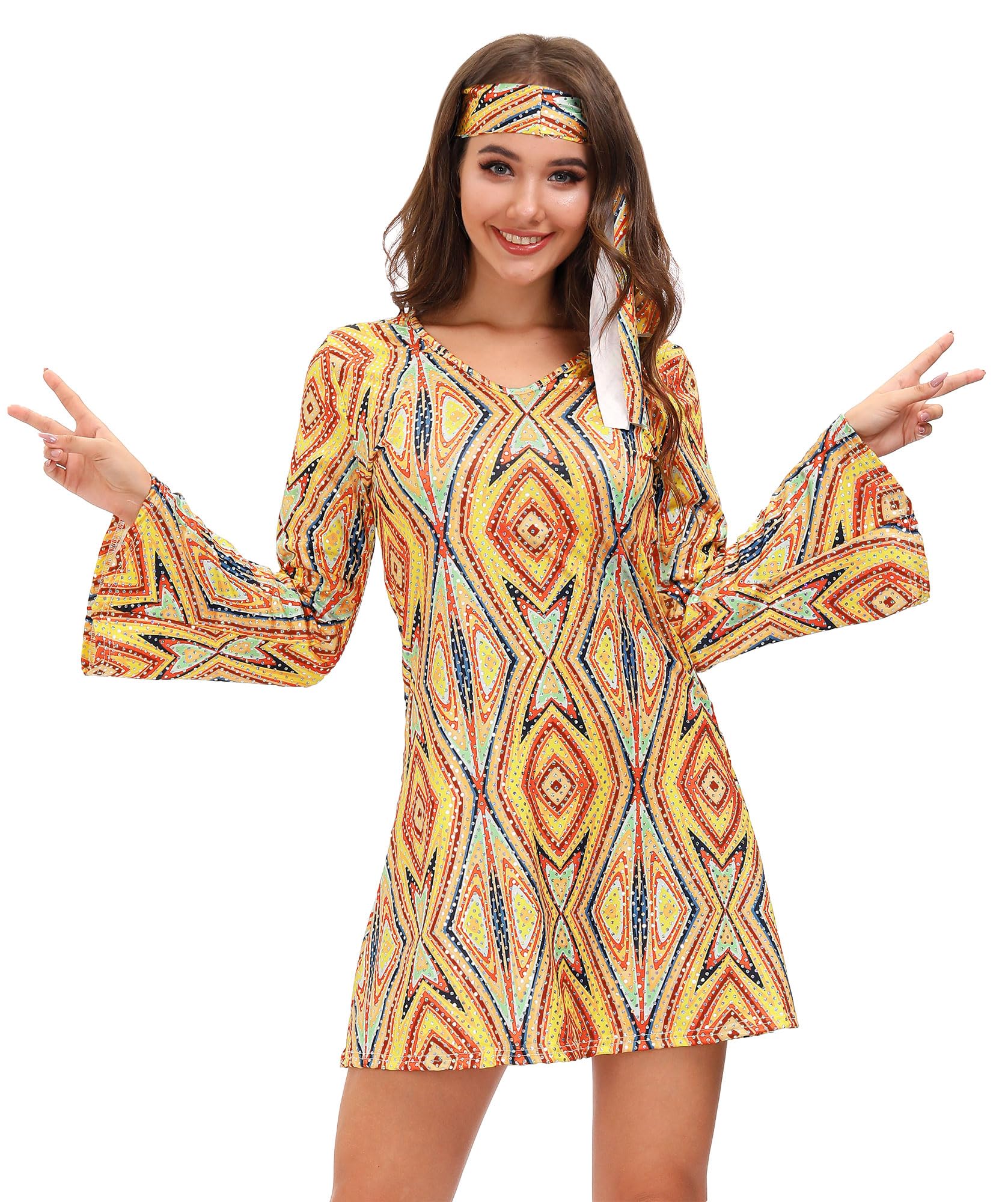 Clarisbelle Women's 70s Disco Sequin Halloween Party Dress with Headband - Retro Dance Costume for Halloween, Themed Parties & 70s Night Events
