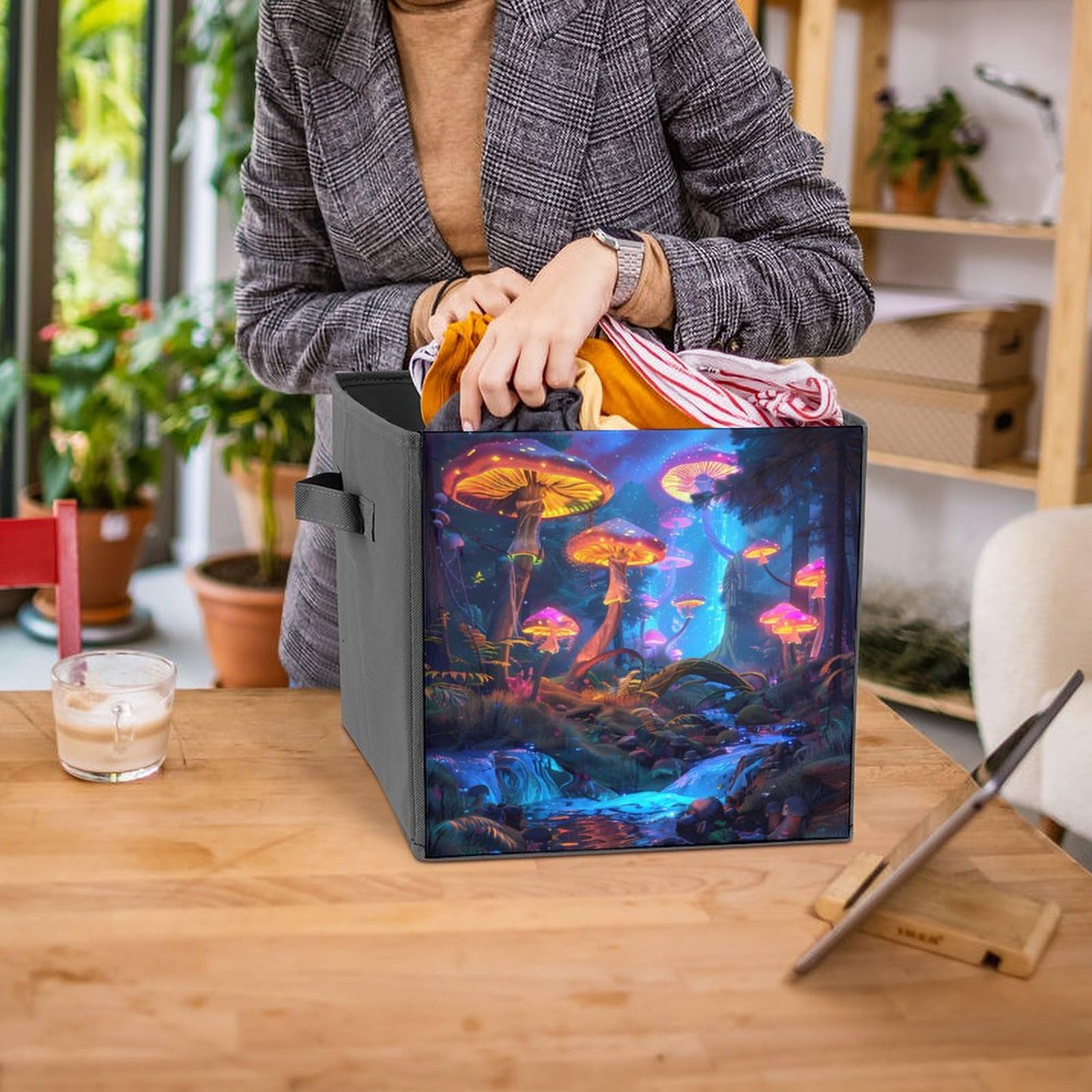Blacklight Mushroom Folding Storage Cubes - Collapsible Fabric Organizer Bins with Handles for Closet, Nursery & Home Organization (1-Pack) - Perfect for Toys, Books & Laundry Storage
