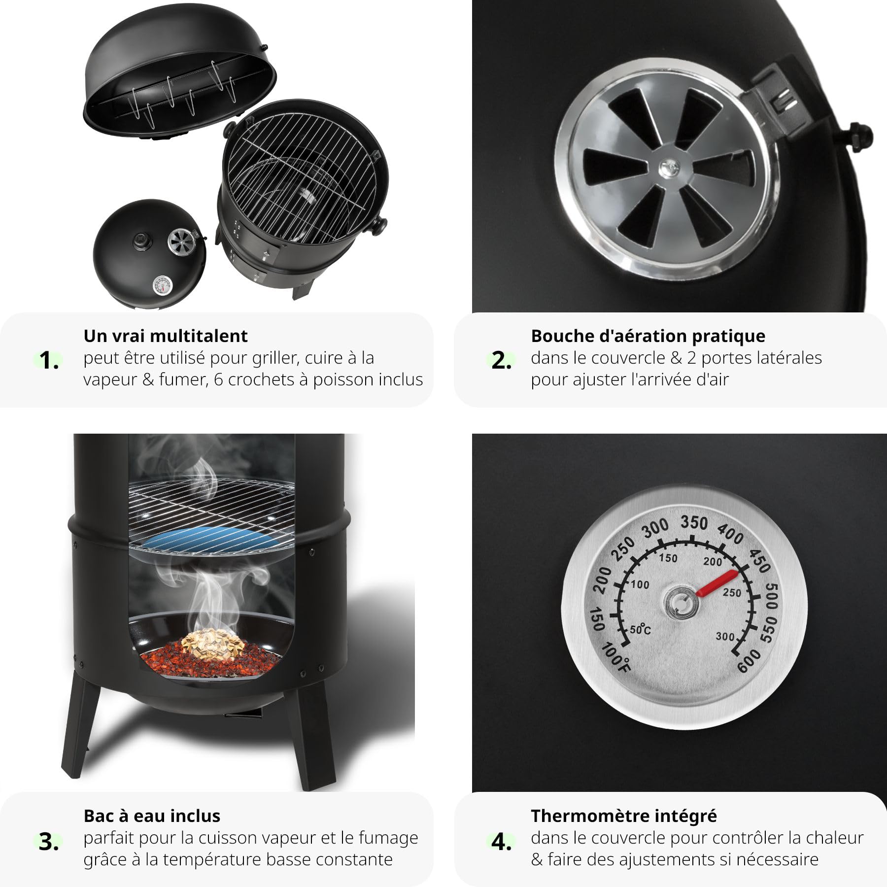 Tectake® XL 3-in-1 Charcoal BBQ Grill & Smoker - 3-Tier Outdoor Cooking with Wheels & Built-in Thermometer for Meat, Fish, and Steam Cooking | Perfect for Backyard, Camping, and Tailgating Parties