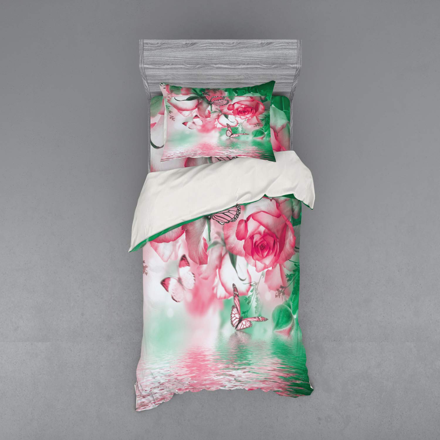 Ambesonne Spring Duvet Cover Set - Floral Rose Petals & Butterflies Design | 3-Piece Bedding Set with Pillow Sham & Fitted Sheet | Twin Size in Jade Green & Pale Pink | Perfect for Spring Bedroom Decor & Guest Room Makeover