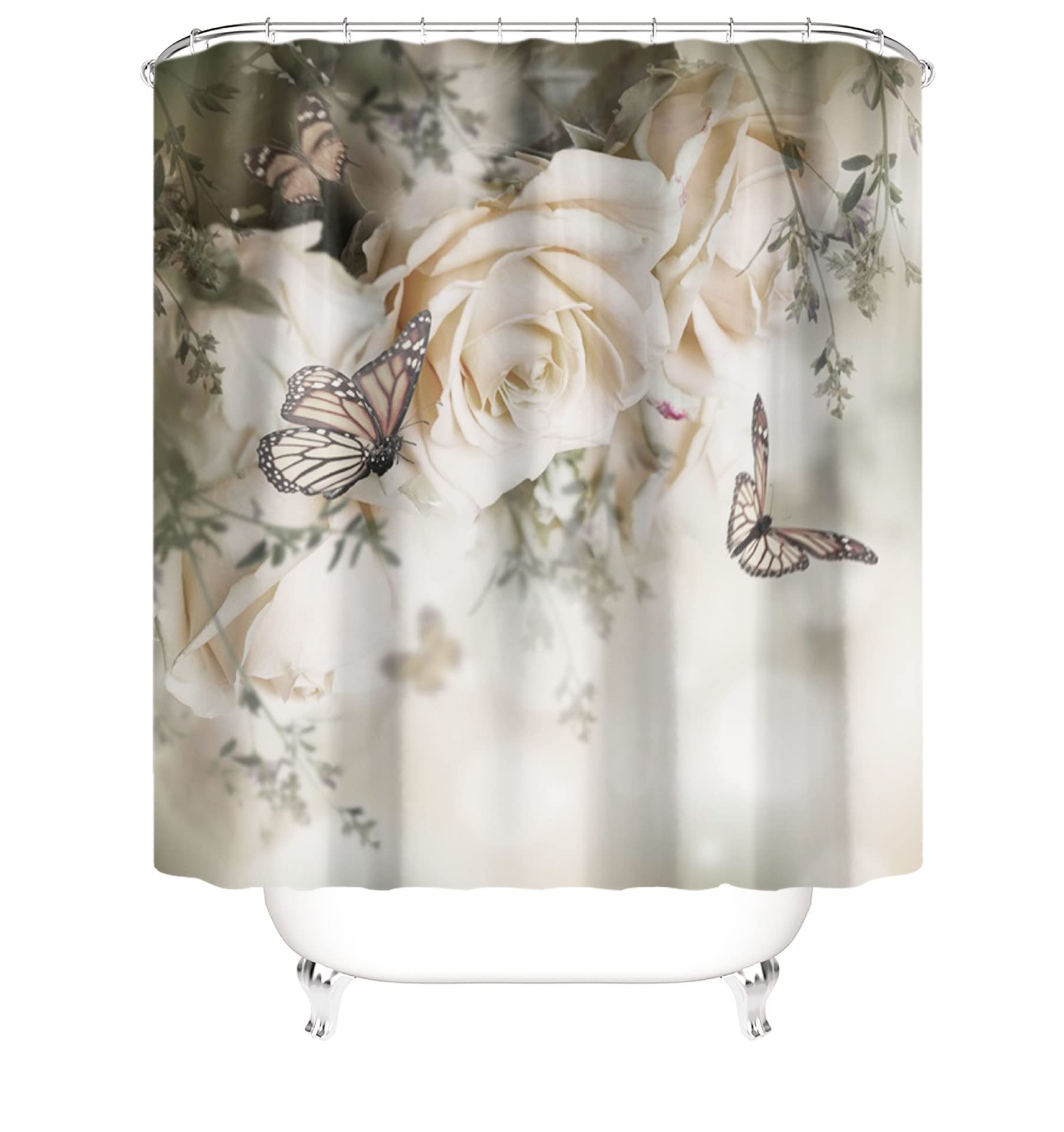 Waterproof Fabric Shower Curtain Liner with Rose Flower & Butterfly Design - 180x180cm Bathroom Decor for Home, Spa & Hotel Use