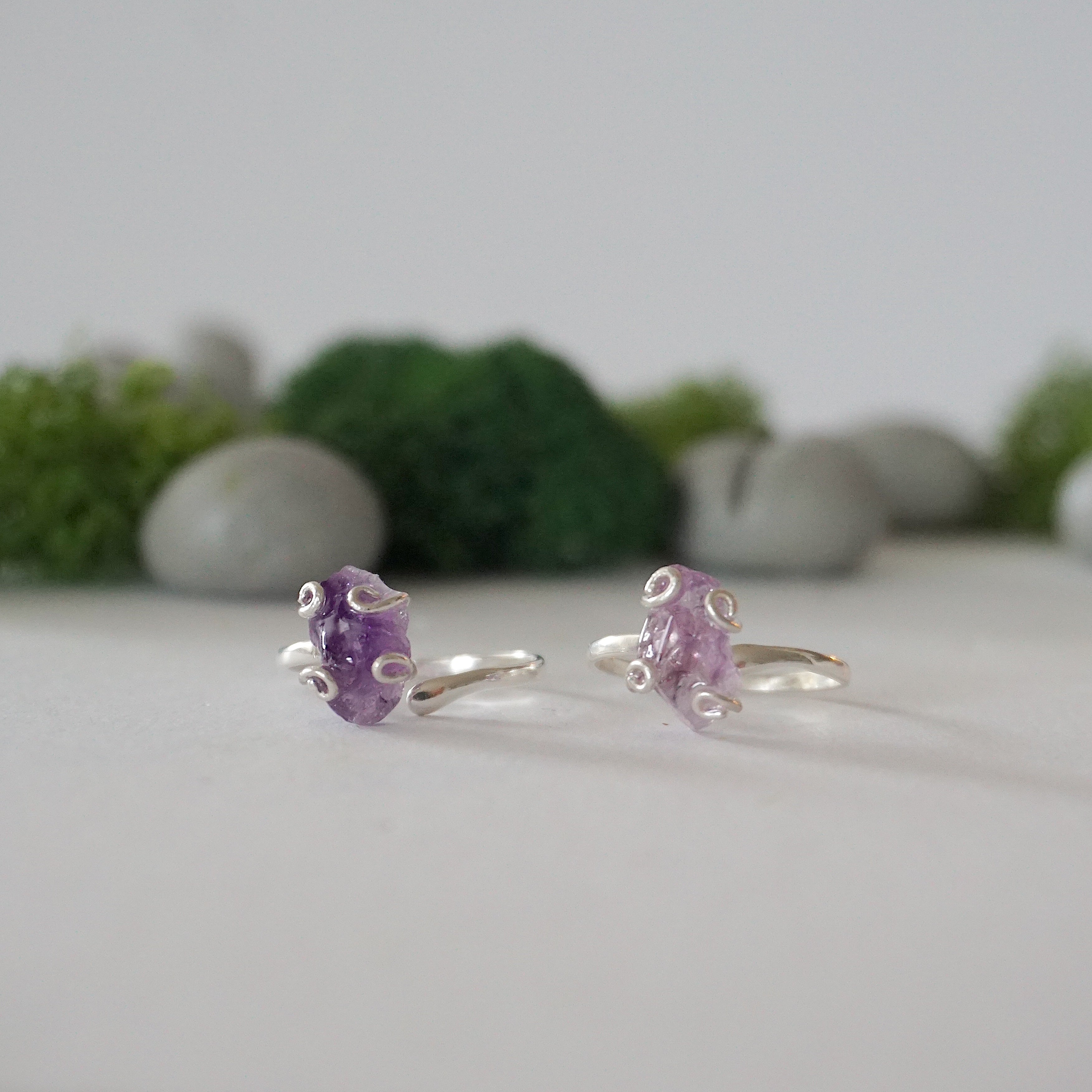 Natural Raw Amethyst Adjustable Ring - 925 Sterling Silver Jewelry for Women - Boho Chic Gift for Her, Meditation & Spiritual Healing Accessory