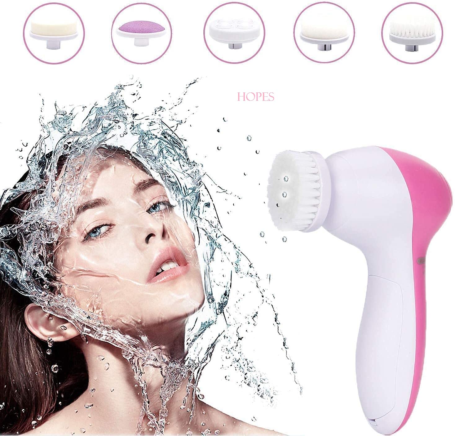 HOPES 5-in-1 Waterproof Facial Cleansing Brush Set with 5 Replaceable Brush Heads - Gentle Exfoliating, Blackhead Removal & Deep Pore Cleansing for Daily Skincare Routine at Home or Travel
