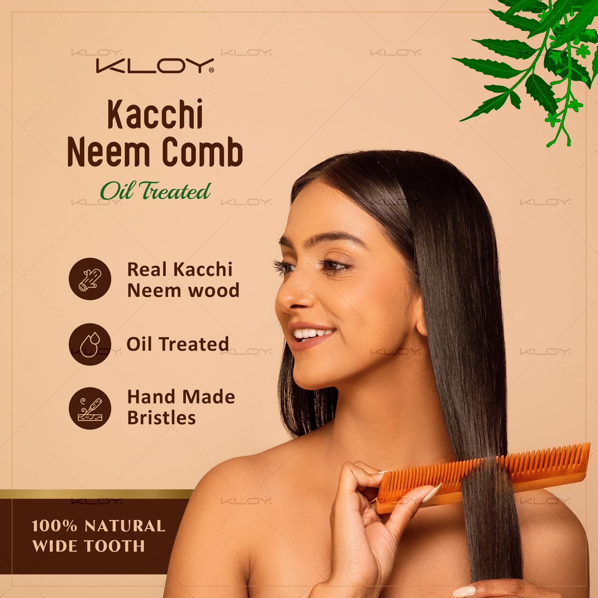 KLOY Oil Treated Kacchi Neem Comb for Hair Growth - Infused with Neem Oil, Bhringraj & 15+ Herbs | Anti Hairfall & Dandruff Control | Frizz & Straightening Comb for Men & Women (Dual Tooth) | Perfect for Daily Hair Care & Scalp Massage