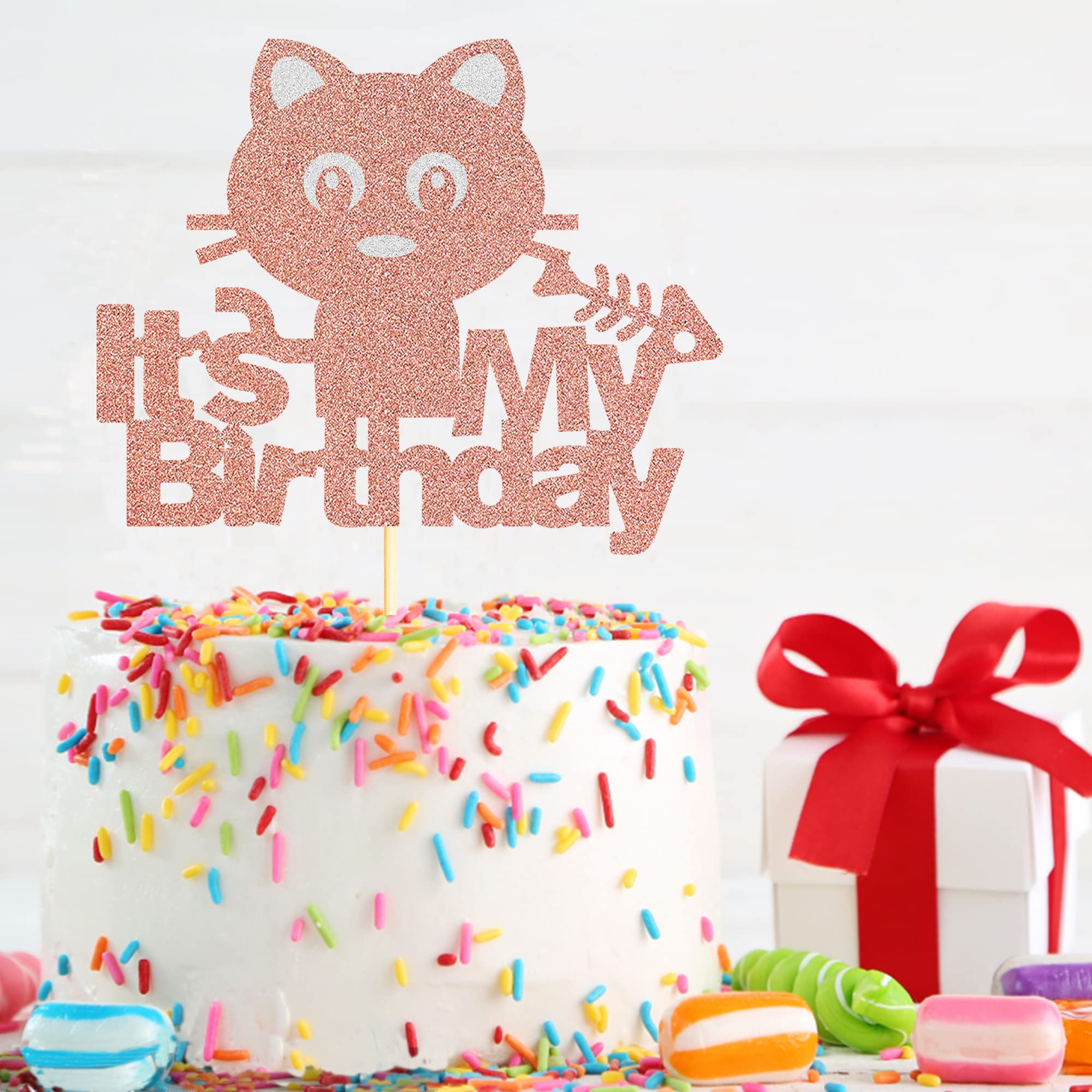 Rose Gold Glitter Cat Cake Topper for Birthday Party - Pet Theme Cake Decorations for Girls, Kids, 1st Birthday & Baby Shower - Perfect for Kitten-Themed Celebrations and Special Occasions