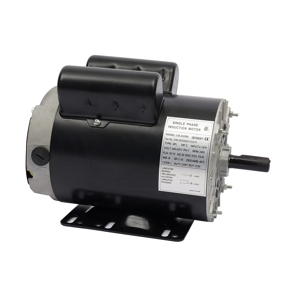 5HP SPL Air Compressor Motor 208-230V Single Phase Electric Motor - 3450 RPM, 56 Frame, 5/8
