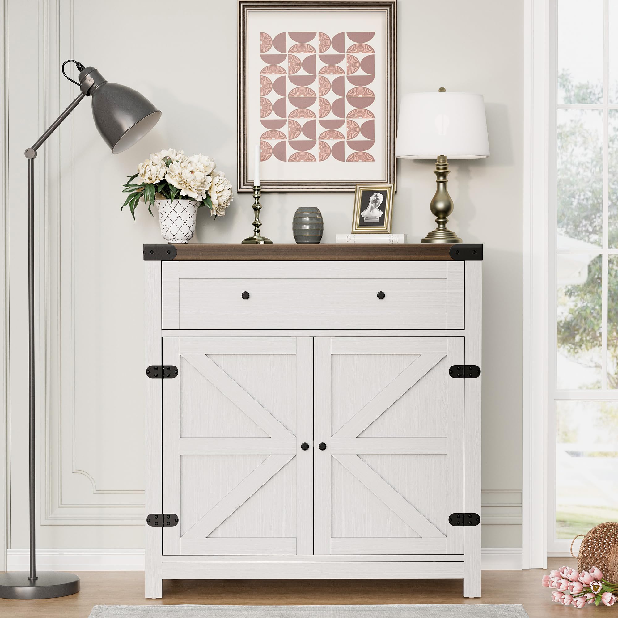 Farmhouse Style Sideboard Buffet Cabinet with Storage - White Coffee Bar Cabinet with 1 Drawer & 2 Barn Doors, Rustic Console Table for Kitchen, Dining Room, Entryway | Perfect for Home Decor, Entertaining & Small Space Storage Solutions