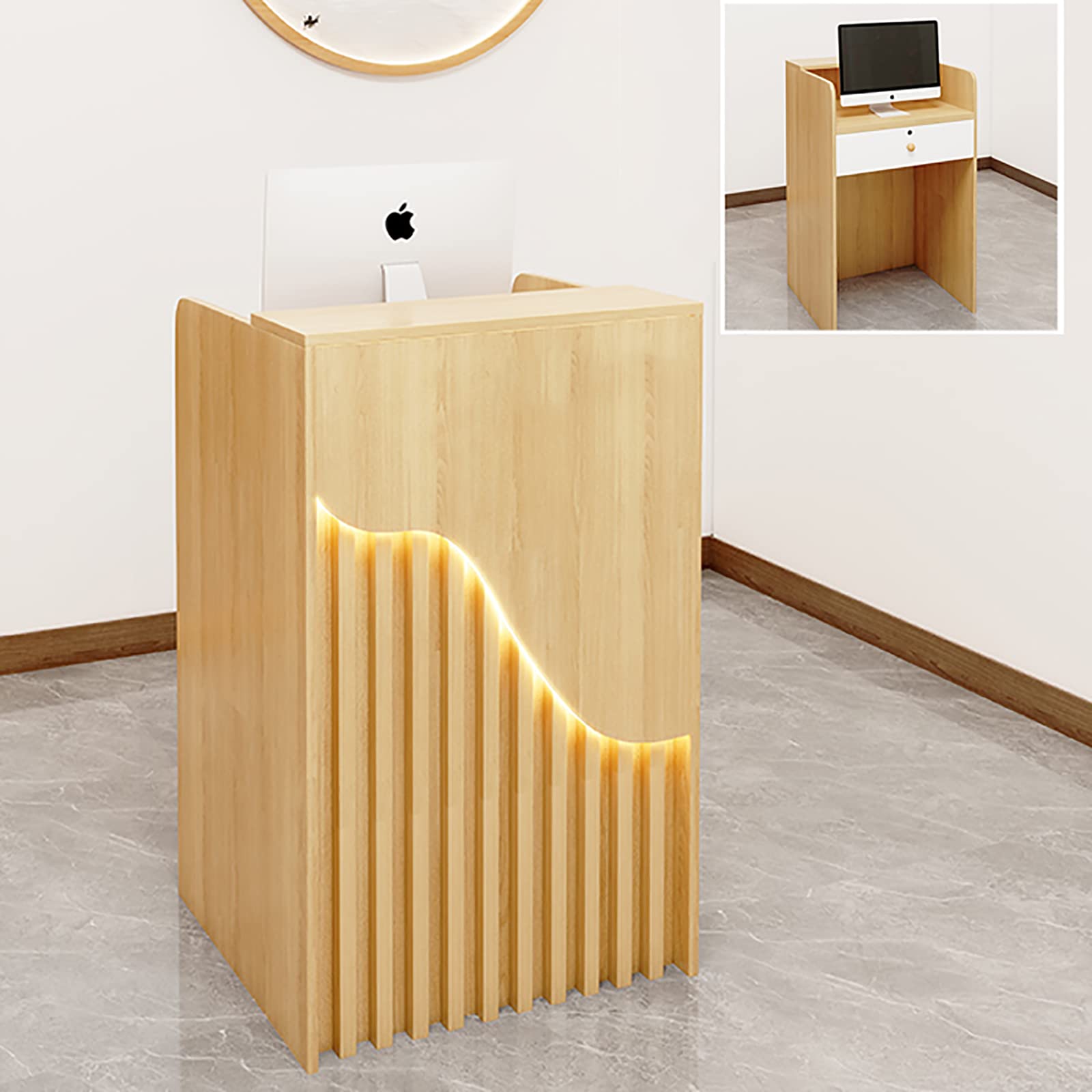 Modern Reception Desk Counter Table with Drawer Storage - Elegant Retail Front Desk for Clothing Stores, Salons, Hotels & Offices - Durable Cashier Cabinet with Open Design for Professional Workspaces