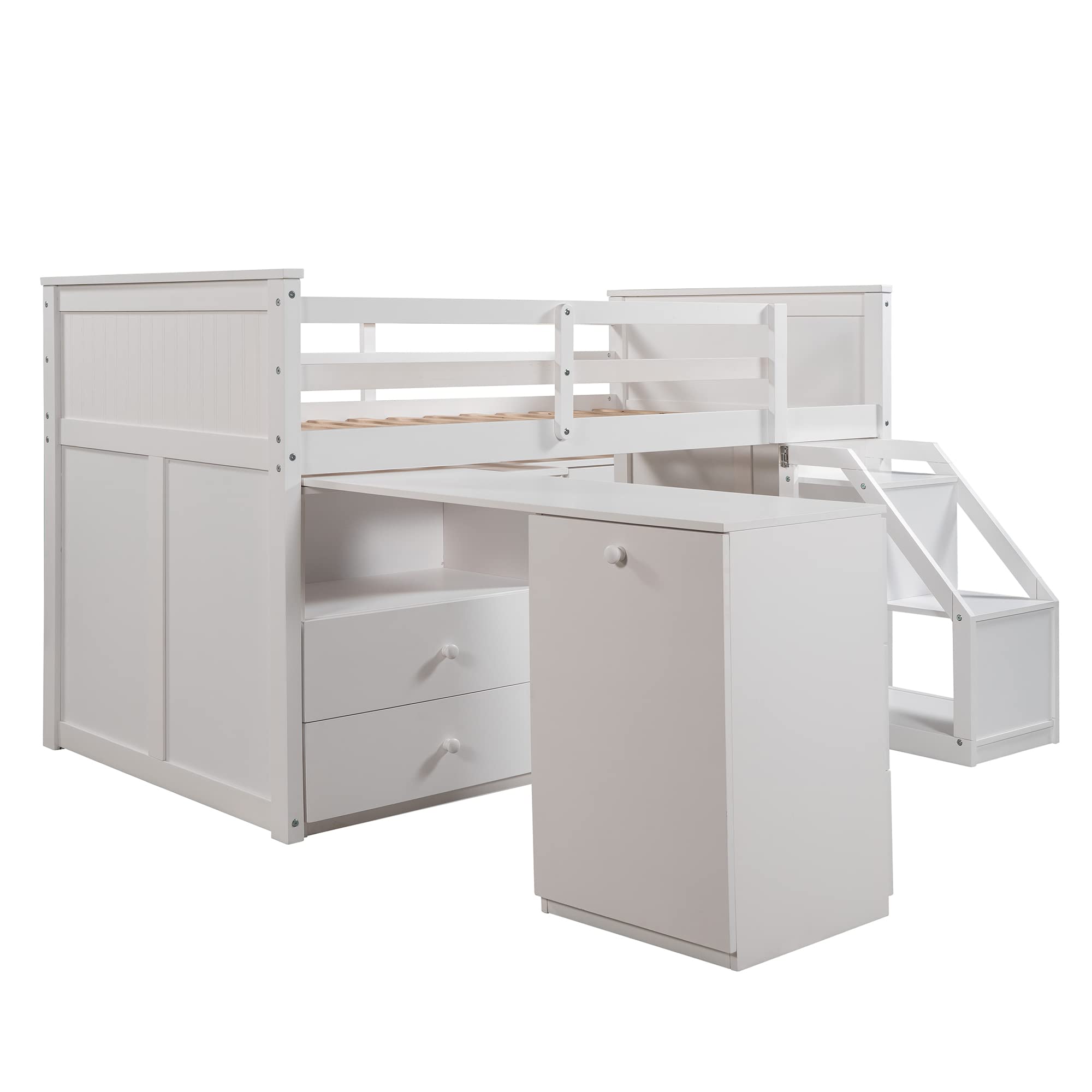 Twin Size Wooden Loft Bed with Storage Steps & Portable Desk - Sturdy Low Study Bed Frame for Teens & Kids - Space-Saving Solution for Small Bedrooms, Dorms & Apartments (White + Wood Finish)