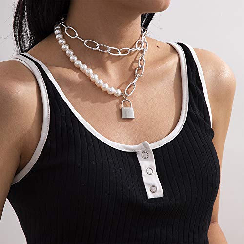 Chunky Punk Pearl Choker Necklace Set - 2 Pcs Stackable Paperclip Chain for Women | Party & Festival Jewelry (Silver)