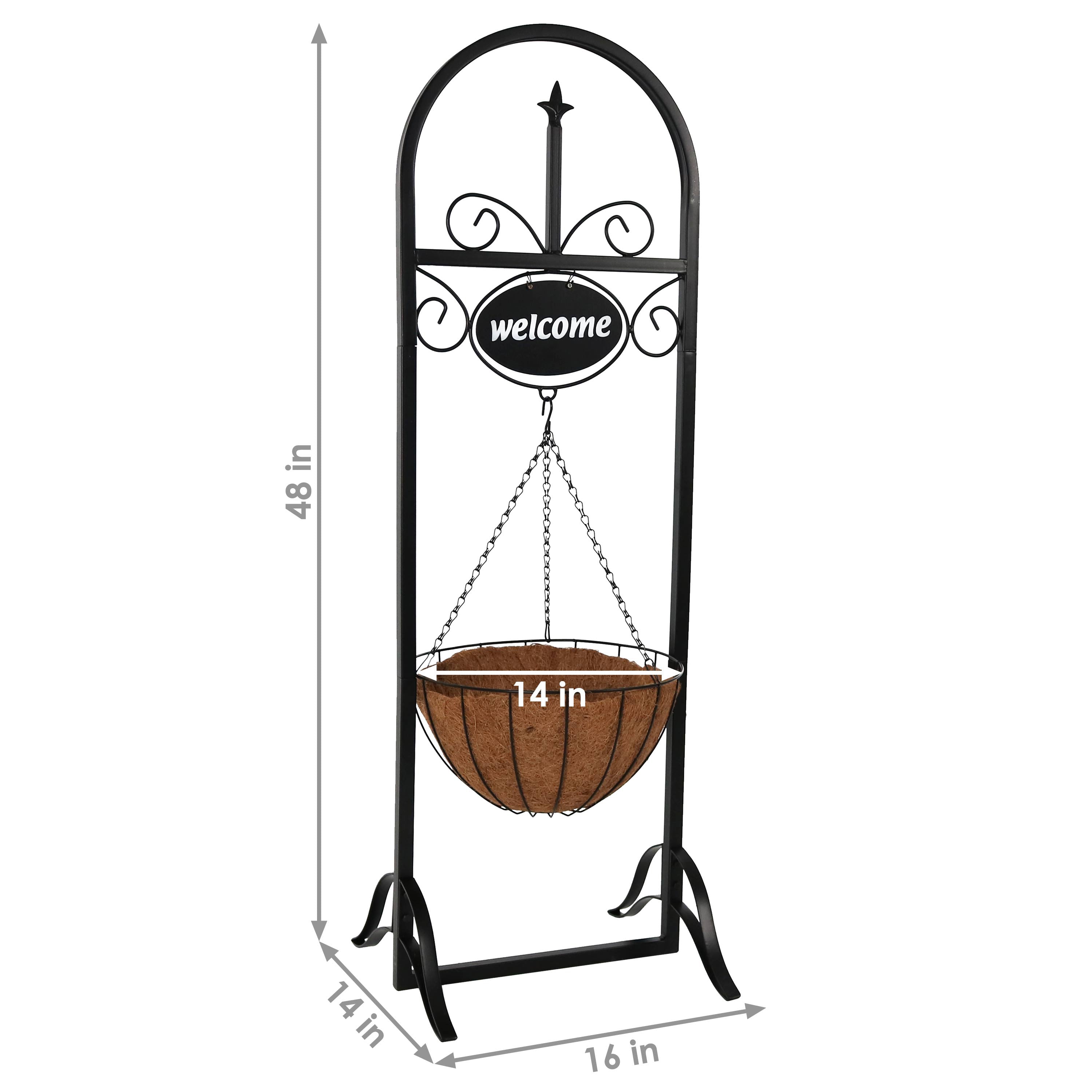 48 Inch Sunnydaze Outdoor Welcome Sign with Hanging Basket Planter Stand - Perfect for Front Porch, Garden Decor & Farmhouse Entryway