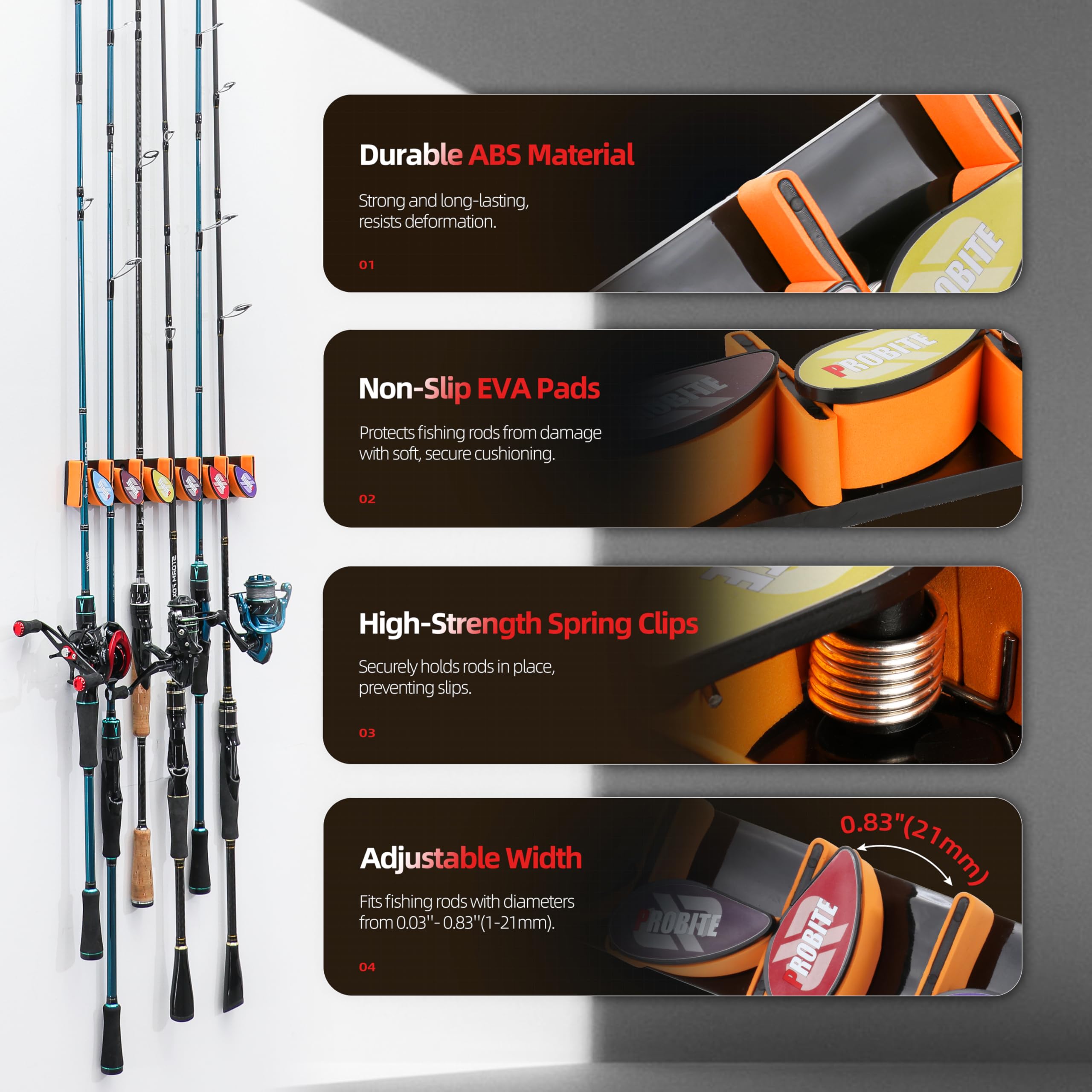 Wall Mounted Fishing Rod Holder for Garage - Horizontal & Vertical Fishing Rod Rack with Soft EVA Protective Pad - Holds 6 Rods or Combos - Universal Fit for Most Fishing Poles - Perfect for Garage, Boat, RV & Outdoor Storage