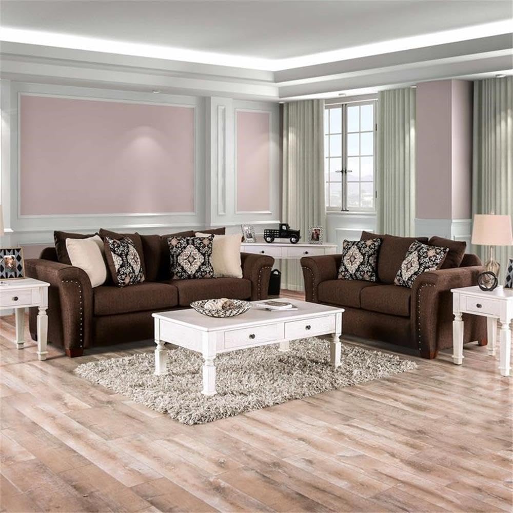 Furniture of America Jaqui Transitional Fabric Nailhead Loveseat in Chocolate Brown - Perfect for Living Rooms, Home Theaters & Cozy Reading Nooks