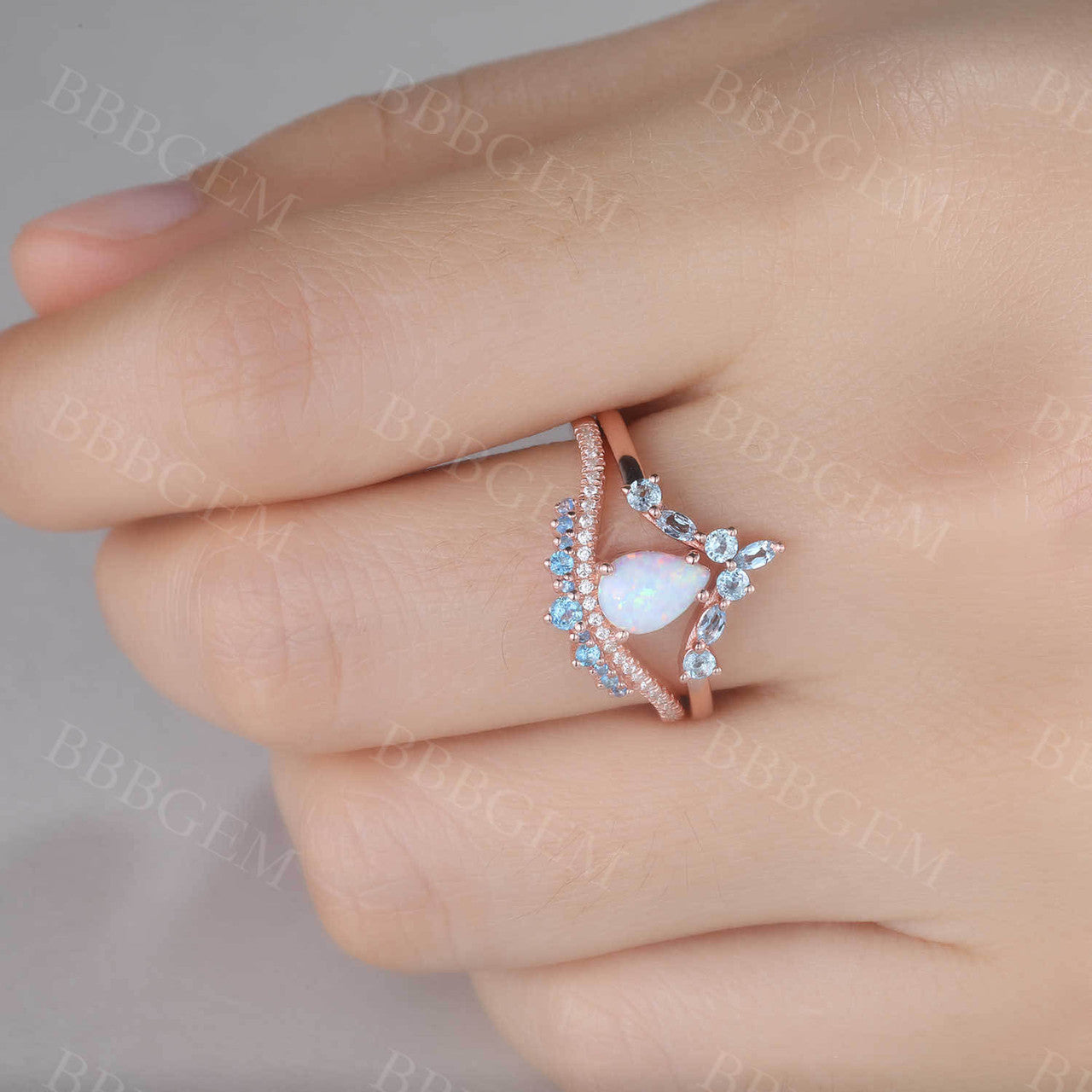 Vintage Opal Engagement Ring Set in Rose Gold with Blue Topaz Stacking Band - Unique Curved Wedding Bridal Jewelry Set for Proposal, Anniversary & Special Occasions