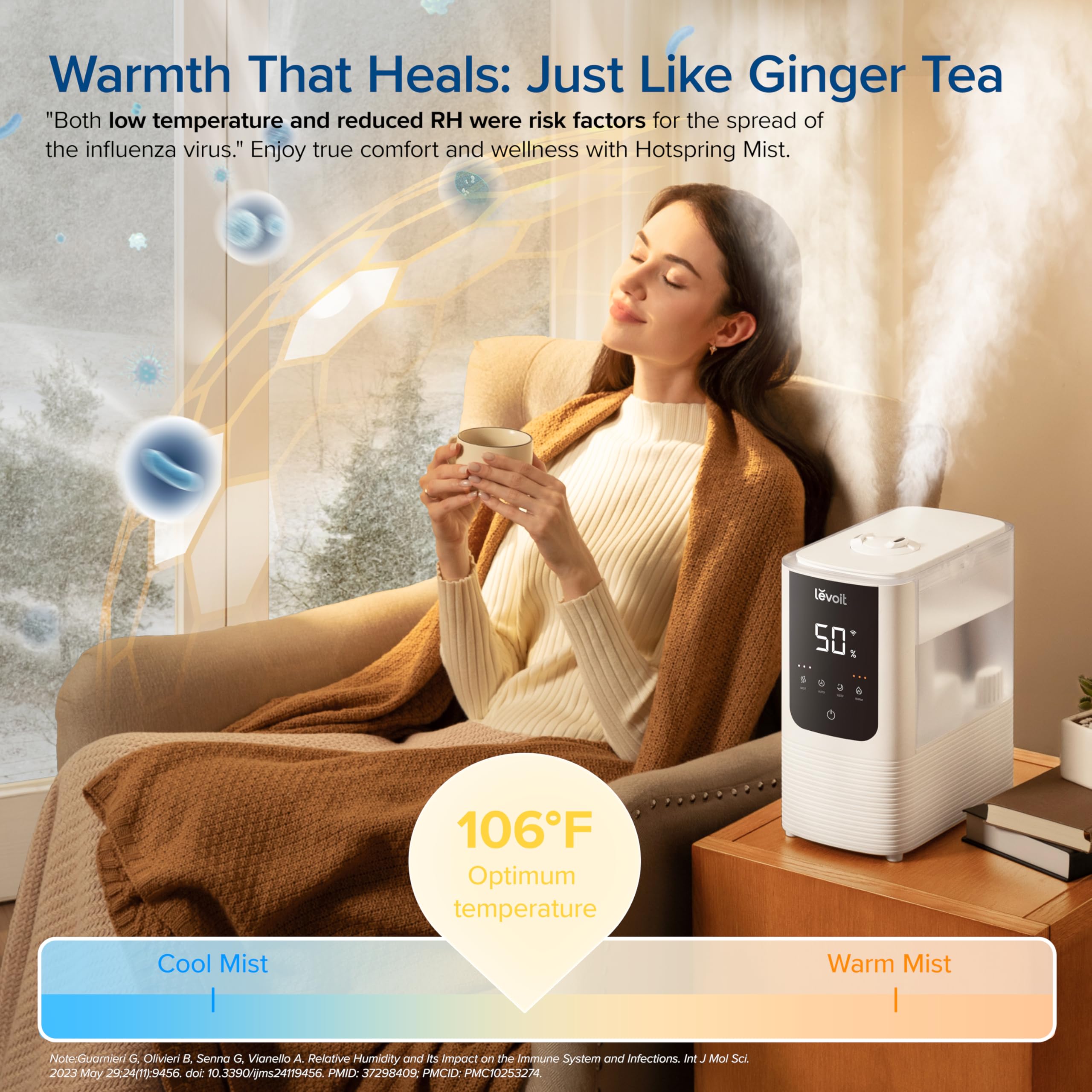 LEVOIT 4.5L Smart Humidifier with Cool & Warm Mist - Ultrasonic Top Fill Air Humidifier for Large Bedrooms, Home, Baby & Plants | Auto Humidity Control, Quiet Operation, Essential Oil Diffuser | Perfect for Dry Air Relief, Allergy Season & Nursery Comfort