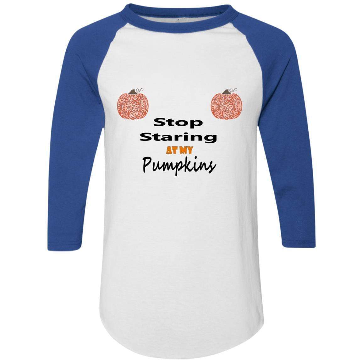 WineyBitches.Co Stop Staring At My Pumpkins Colorblock Raglan Jersey - Trendy Women's Fall Sweatshirt for Halloween, Thanksgiving & Cozy Seasonal Outfits