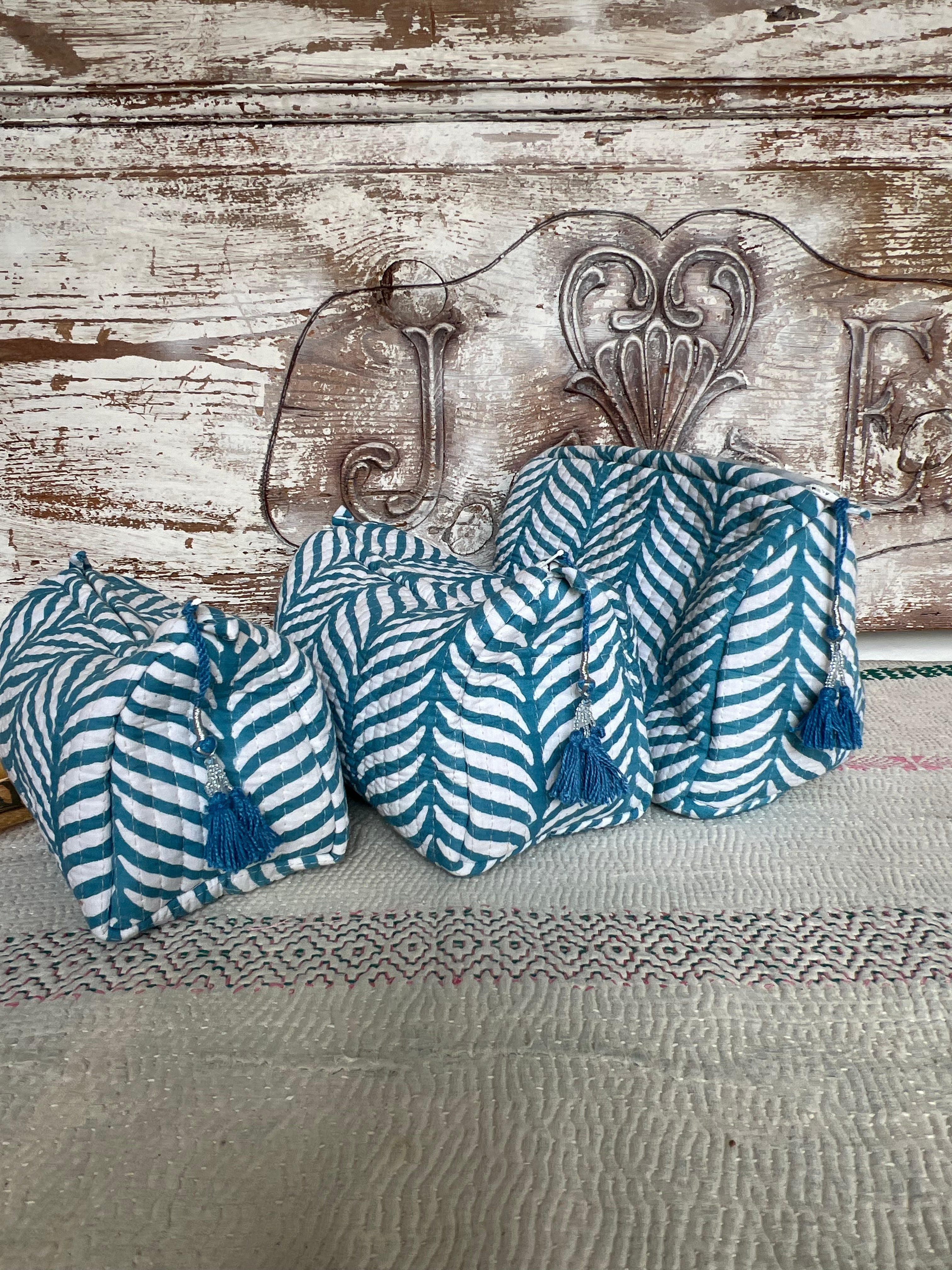 Organic Cotton Cosmetic & Makeup Bags - Handmade Block Printed Toiletry Pouches (3 Sizes) - Perfect for Travel, Gym & Daily Beauty Organization