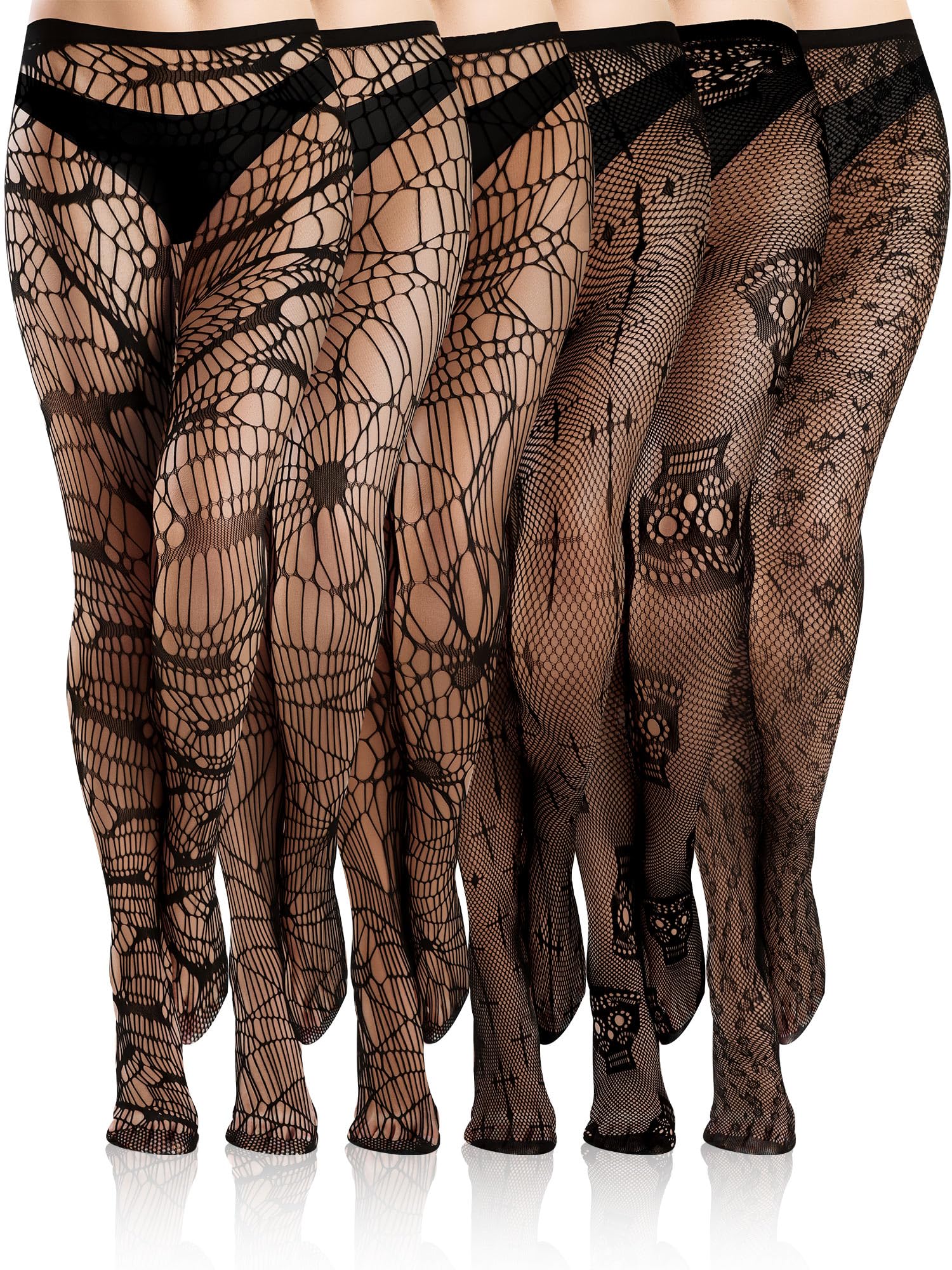 6 Pairs Women's Fishnet Thigh High Stockings - Lace Tights & Spider Web Fishnets - Mesh Pantyhose for Halloween Costume, Cosplay, Burlesque, and Night Out