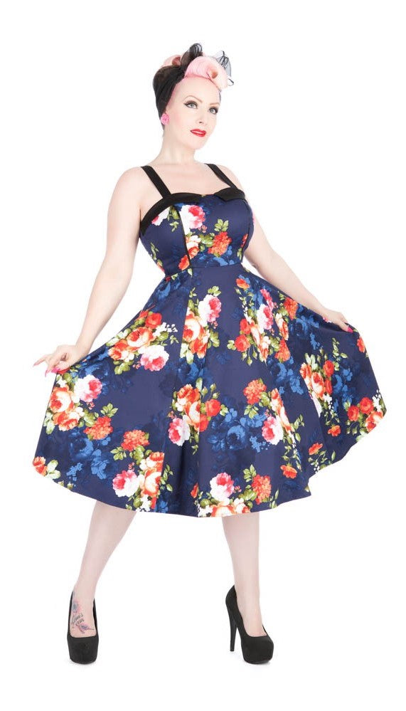 Navy Blue Floral Print Swing Dress for Women - Elegant Vintage Style Midi Dress for Casual Wear, Parties & Special Occasions