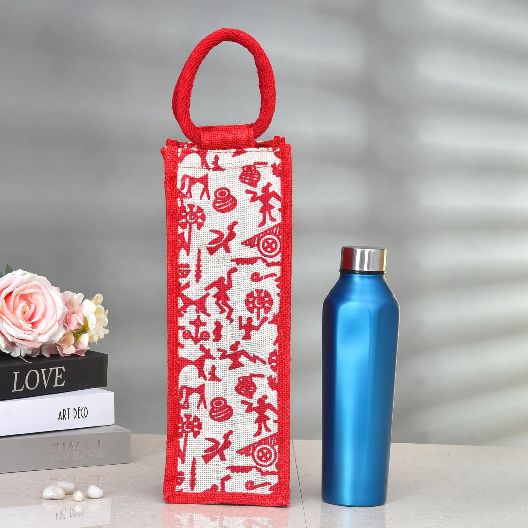 Kuber Industries Reusable Jute Bottle Bag with Handle - Eco-Friendly Wine & Water Bottle Cover for Office, Picnic, Travel - Warli-Print Gift Set of 3 (Multi-Color)