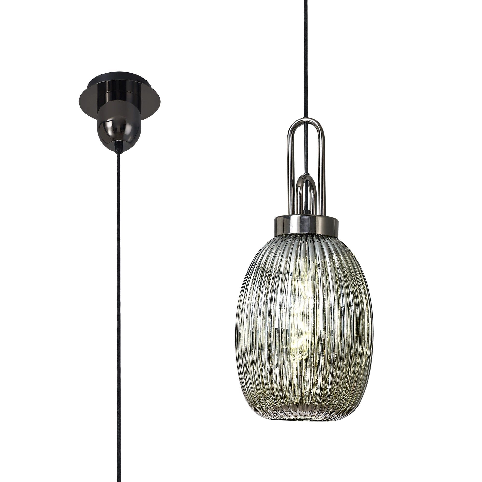 Cadiz 1-Light Pendant Light Fixture with 20cm Almond Ribbed Glass Shade, E27 Socket, IP20 Rated - Perfect for Kitchen Island, Dining Room, or Bedroom Lighting