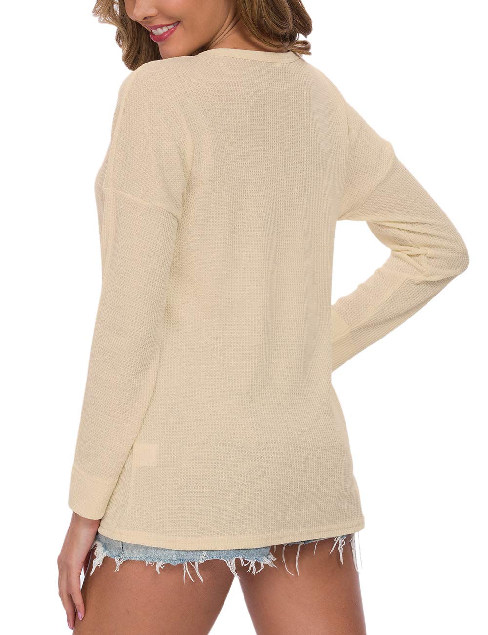 WNEEDU Women's Waffle Knit Tunic Top - Loose Fit Long Sleeve Button Up V-Neck Henley Shirt for Casual Wear & Layering | Perfect for Fall & Winter Outfits, Office & Weekend Style