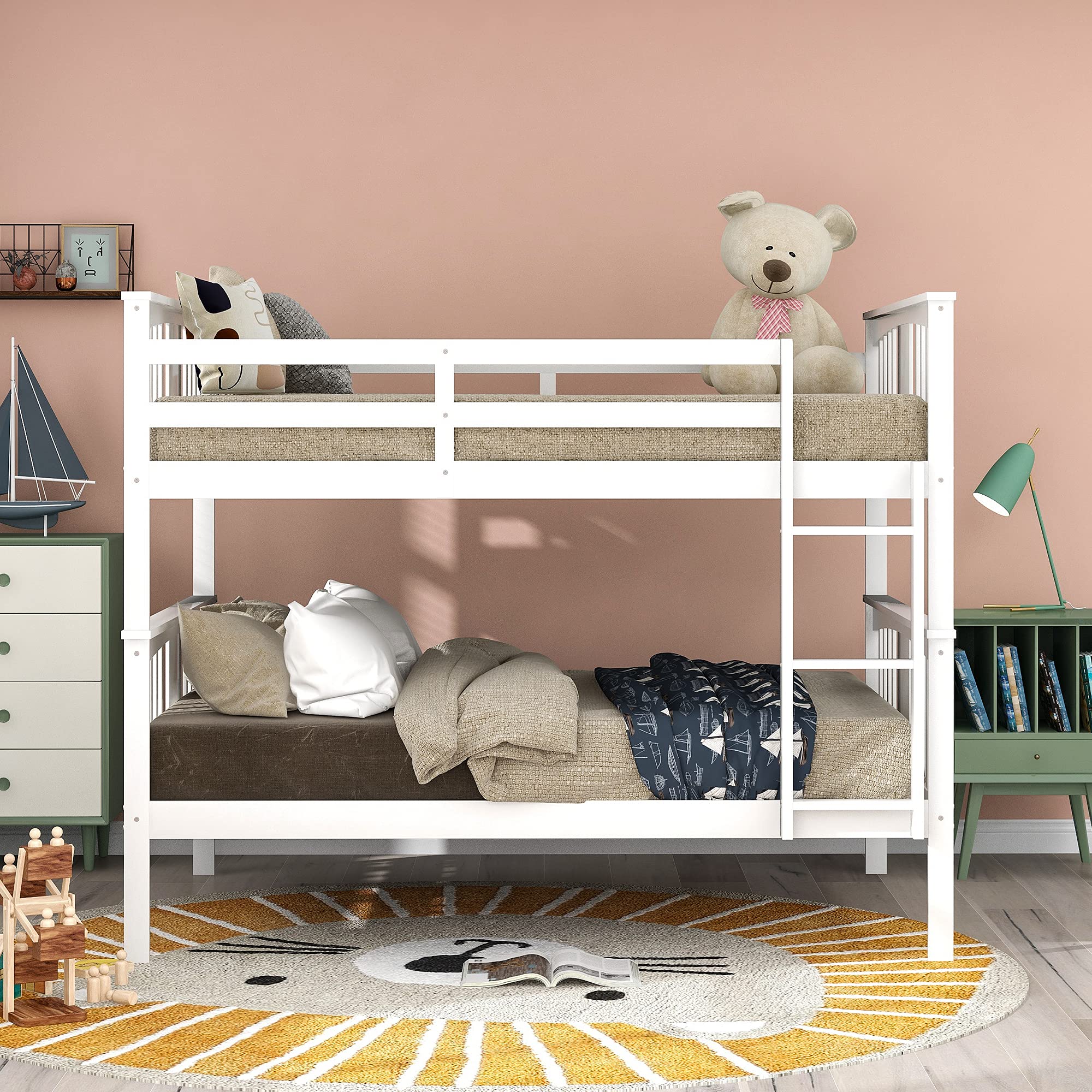 P PURLOVE Modern Full Over Full Bunk Bed Frame with Ladder - Convertible to 2 Twin Beds - Sturdy Wood Construction with Safety Rail - White - Perfect for Kids' Bedroom, Guest Room & Space-Saving Solutions