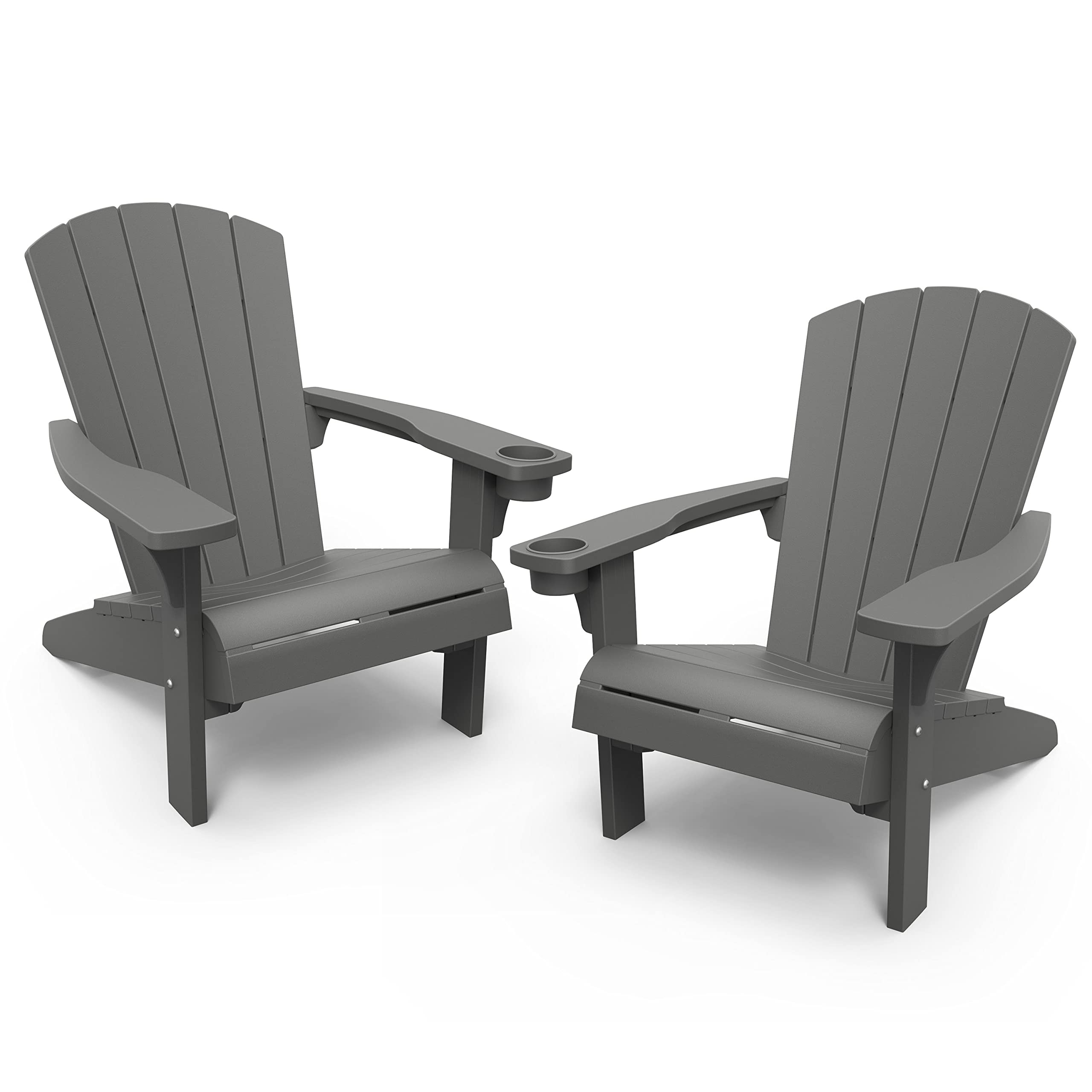 Keter 2-Pack Dark Grey Resin Adirondack Patio Chairs with Cup Holders - Weather-Resistant Outdoor Furniture for Deck, Garden, Poolside & Beach - 31.9